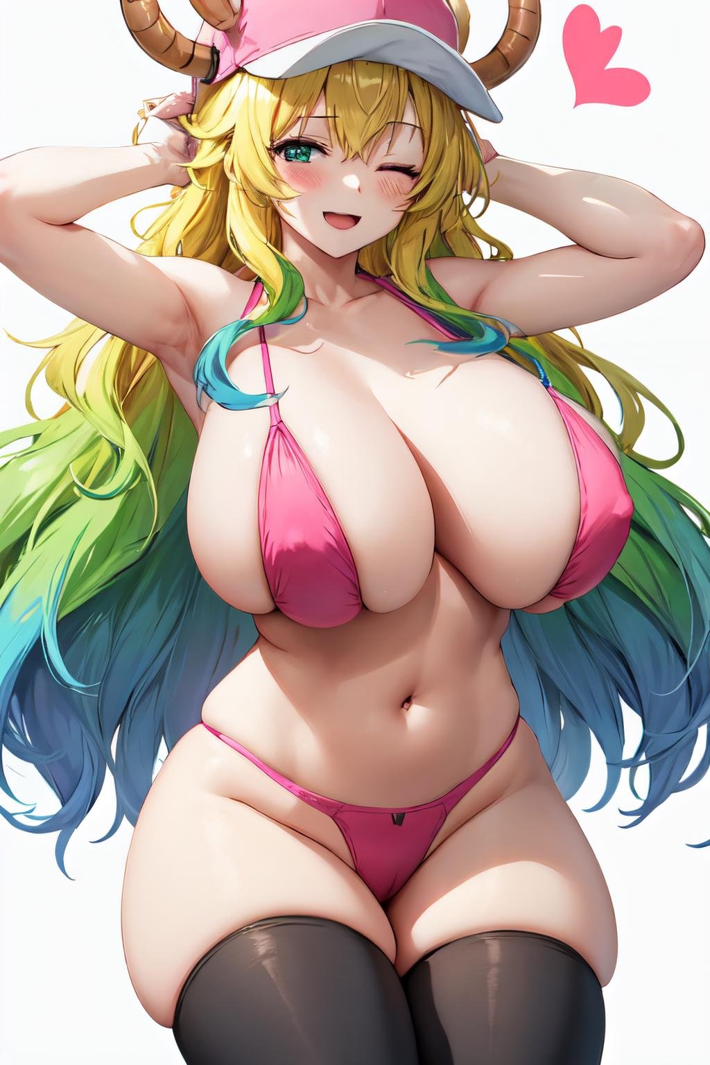 lucoa maidragon, 1girl, solo, long hair, looking at viewer, blush, smile, open mouth, simple background, thighhighs, hat, white background, navel, underwear, collarbone, panties, heart, thighs, cowboy shot, one eye closed, shiny, black thighhighs, huge breasts, shiny skin, topless, pink panties, covering, baseball cap,  covering breasts, bikini bottom only, horns through headwear<lora:lucoa_maidragon:1>