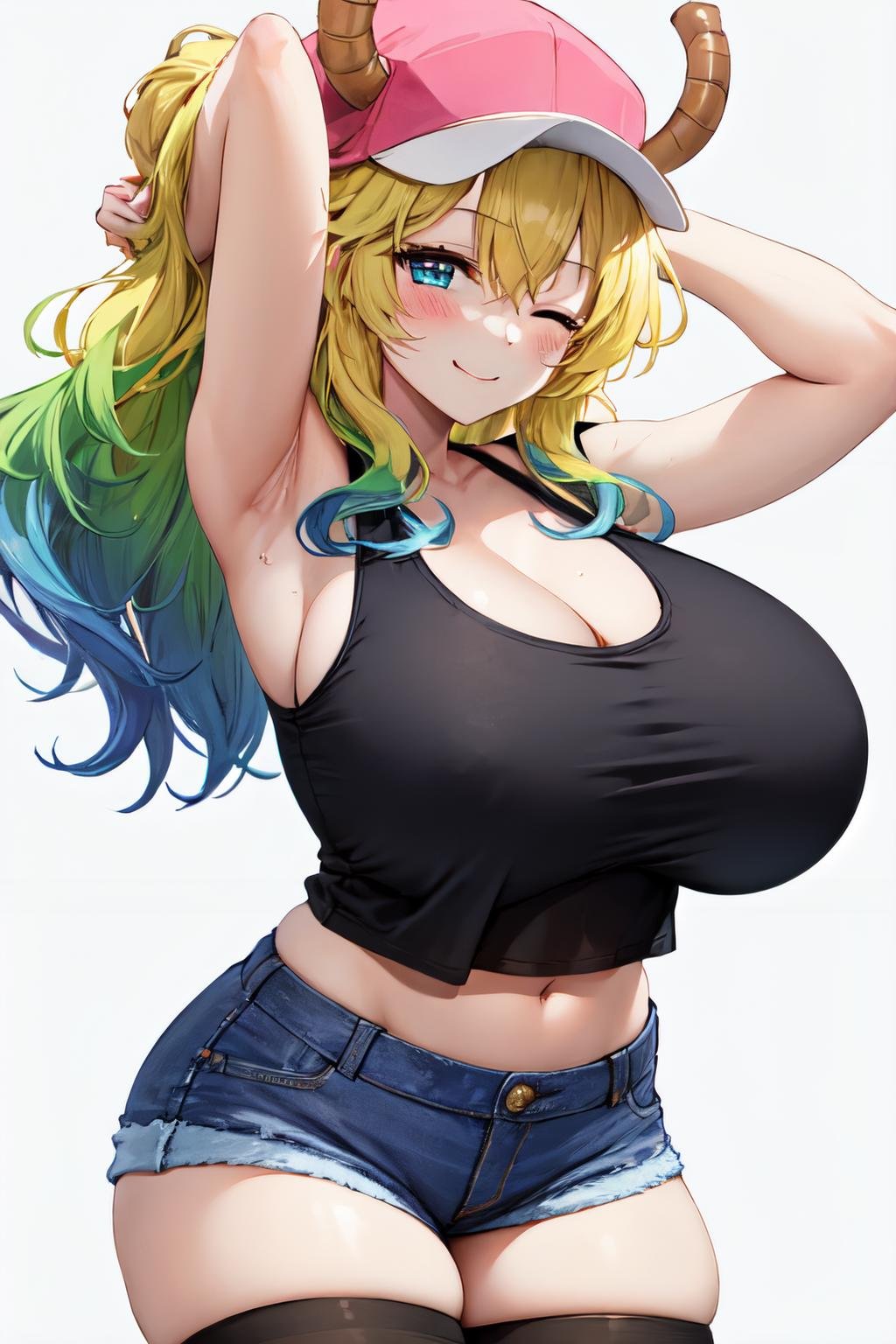 lucoa maidragon, 1girl, solo, long hair, looking at viewer, blush, smile, blue eyes, simple background, thighhighs, hat, white background, navel, cleavage, one eye closed, shorts, midriff, black thighhighs, huge breasts, arms up, short shorts, tank top, denim, baseball cap, denim shorts, pink headwear, horns through headwear<lora:lucoa_maidragon:1>