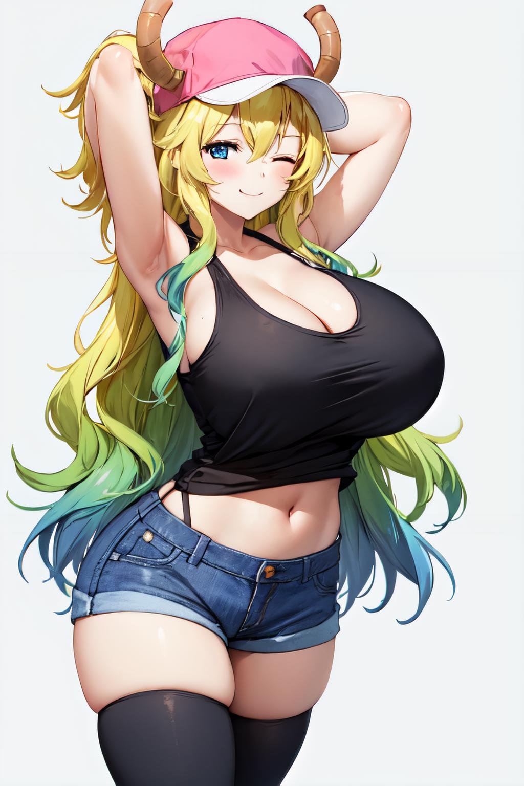 lucoa maidragon, 1girl, solo, long hair, looking at viewer, blush, smile, blue eyes, simple background, thighhighs, hat, white background, navel, cleavage, one eye closed, shorts, midriff, black thighhighs, huge breasts, arms up, short shorts, tank top, denim, baseball cap, denim shorts, pink headwear, horns through headwear<lora:lucoa_maidragon:1>