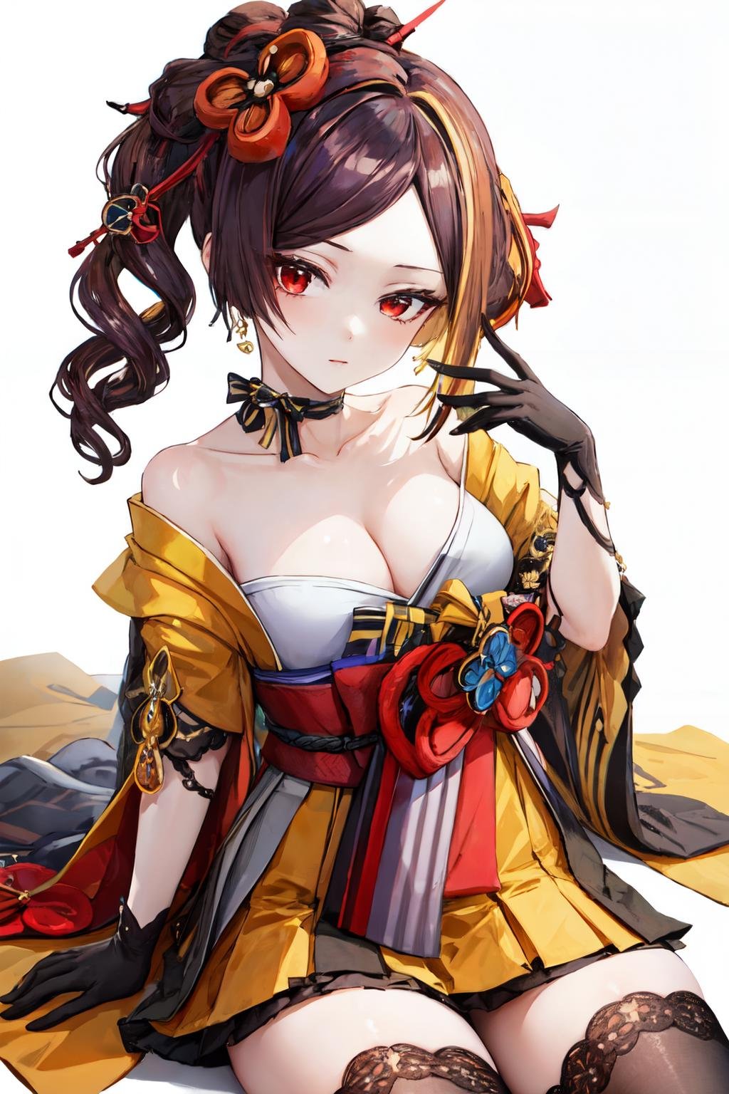 chiori gi, 1girl, solo, looking at viewer, simple background, thighhighs, gloves, white background, cleavage, bare shoulders, jewelry, medium breasts, sitting, collarbone, earrings, japanese clothes, kimono, off shoulder,  yellow skirt <lora:chiori_genshin:1>