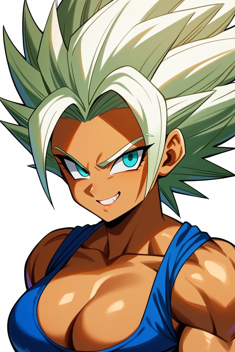 score_9, score_8_up, score_7_up, score_6_up, score_5_up, score_4_up, source_anime, (perfect face, expressive eyes), 1girl, solo, dark-skinned female, super saiyan, spikey hair, black haiir, saiyan armor, cleavage, smirk, thick lips<lora:EMS-308301-EMS:1.000000>