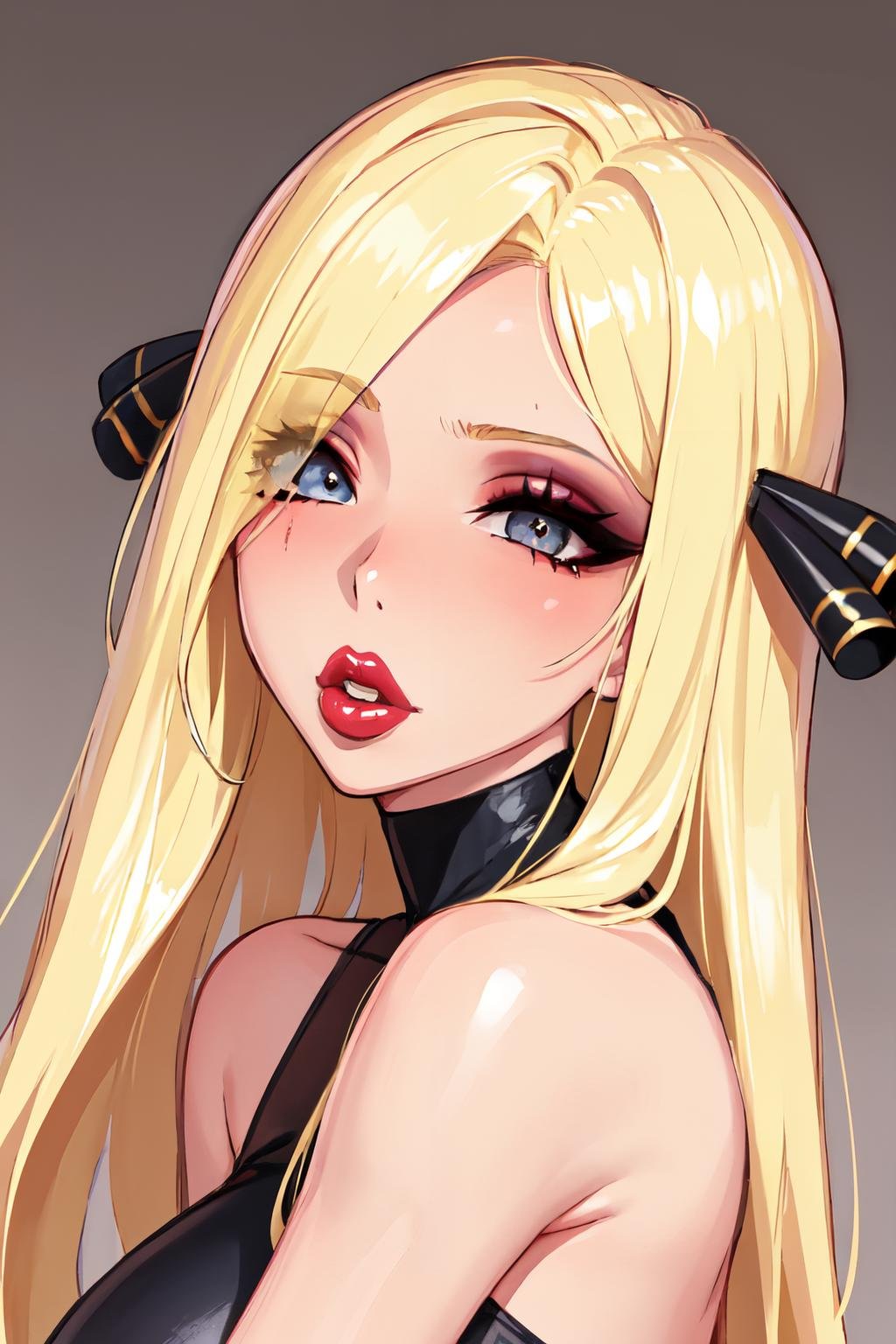 fellatrix style, 1girl,solo,makeup,bimbo,lips <lora:fellatrix_style_v2:1> <lora:cynthia pokemon by Goofy Ai:0.8> cynthia, blonde hair,grey eyes, hair over one eyes,long hair,hair ornament