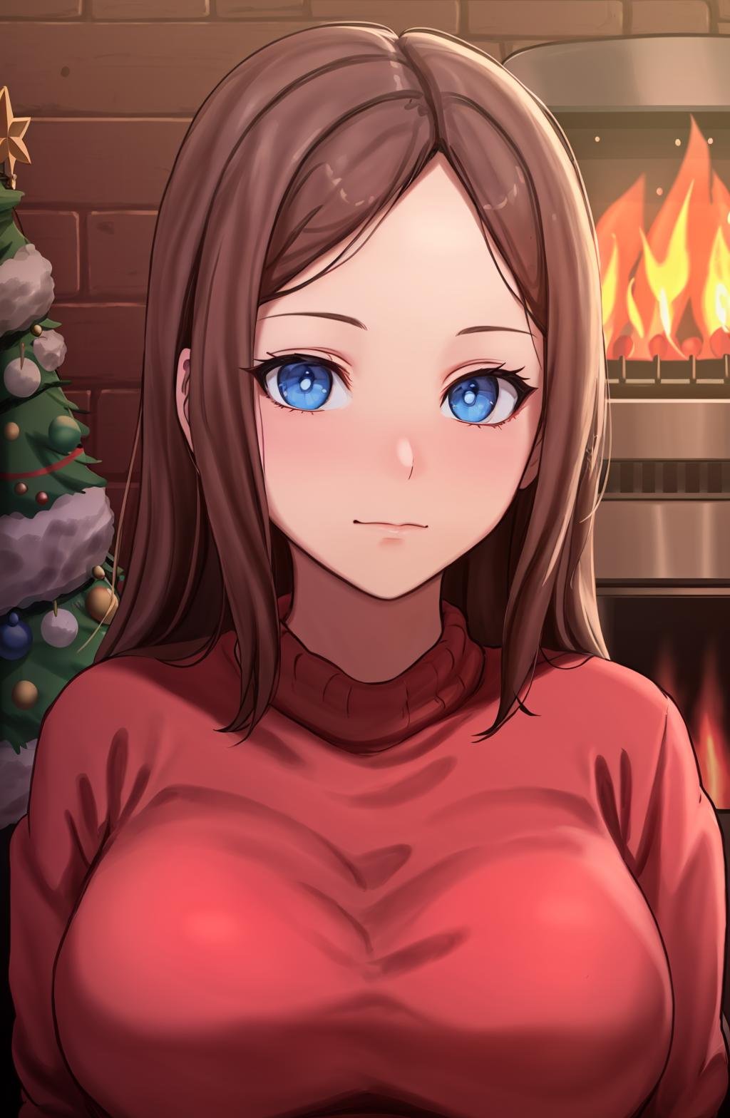 D-art Style, @18dart3, d-art, 1girl, solo, !!, ??, (((portrait shot))),, looking at viewer, blue eyes, long brown hair, Christmas sweater, background: indoors, winter log cabin with a burning fire place, Christmas tree, <lora:D-art | 18dart3 Style-V2:0.75>