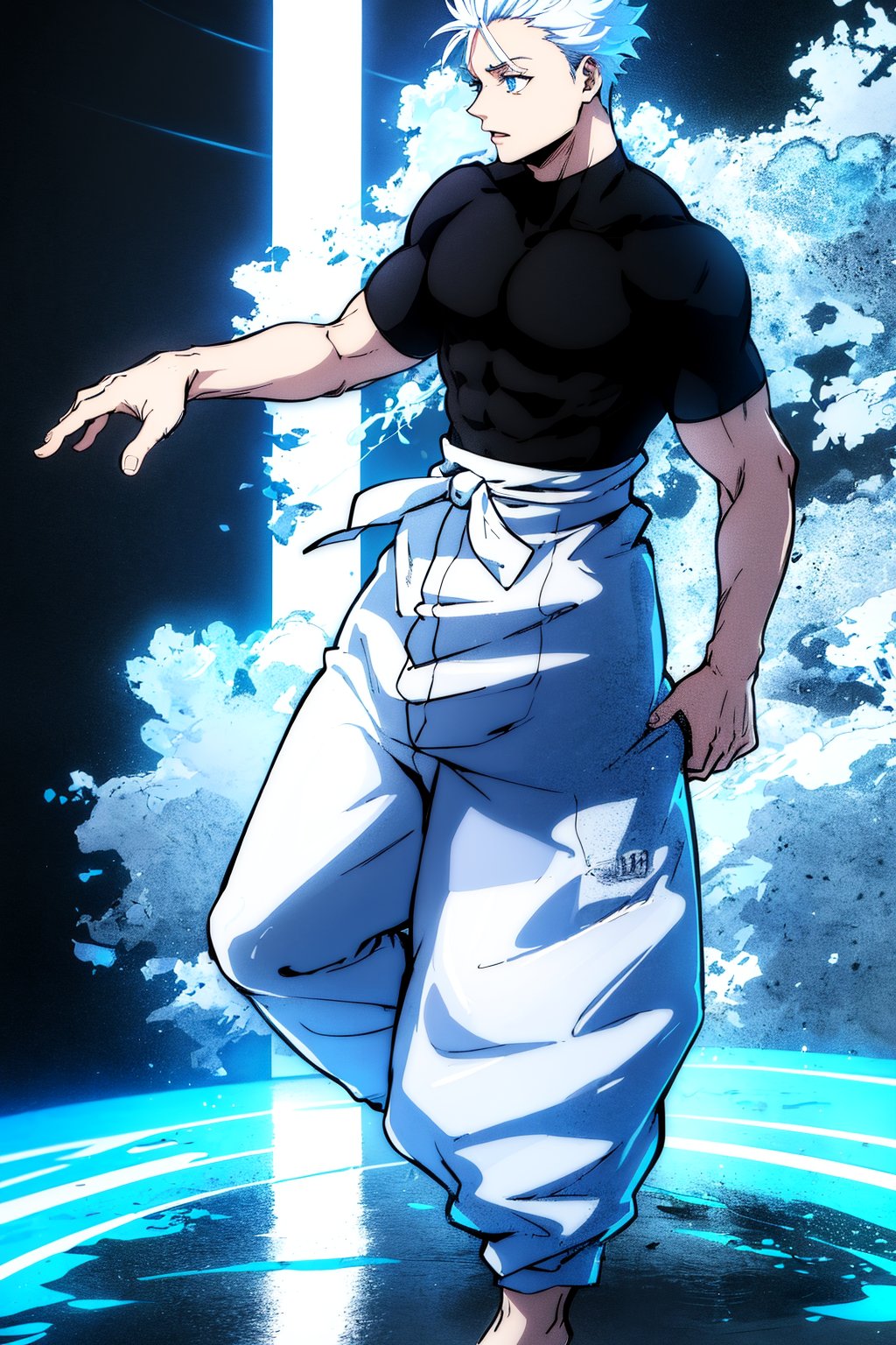 1boy, Gojo Satoru, powerful sorcerer, full body, black tight t-shirt, loose white pants, light blue eyes, white hair, Jujutsu Kaisen, mix of fantasy and realism, special effects, fantasy, ultra HD, HDR, 4K, realhands, gojosatoru