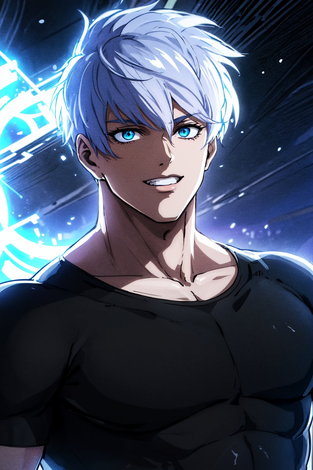 1boy, Gojo Satoru, hechicero poderoso, cuerpo completo, cremera ajustada negra, pantalones blancos sueltos, ojos celestes, Jujutsu Kaisen, mezcla de fantasía y realismo, efectos especiales, fantasía, ultra HD, HDR, 4K, realhands,gojosatoru