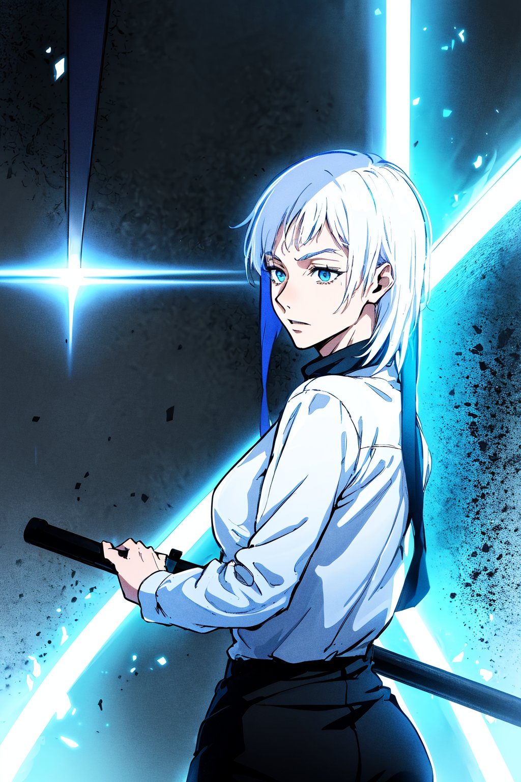 1boy, Gojo Satoru, powerful sorcerer, full body, black tight t-shirt, loose white pants, light blue eyes, white hair, Jujutsu Kaisen, mix of fantasy and realism, special effects, fantasy, ultra HD, HDR, 4K, realhands, gojosatoru