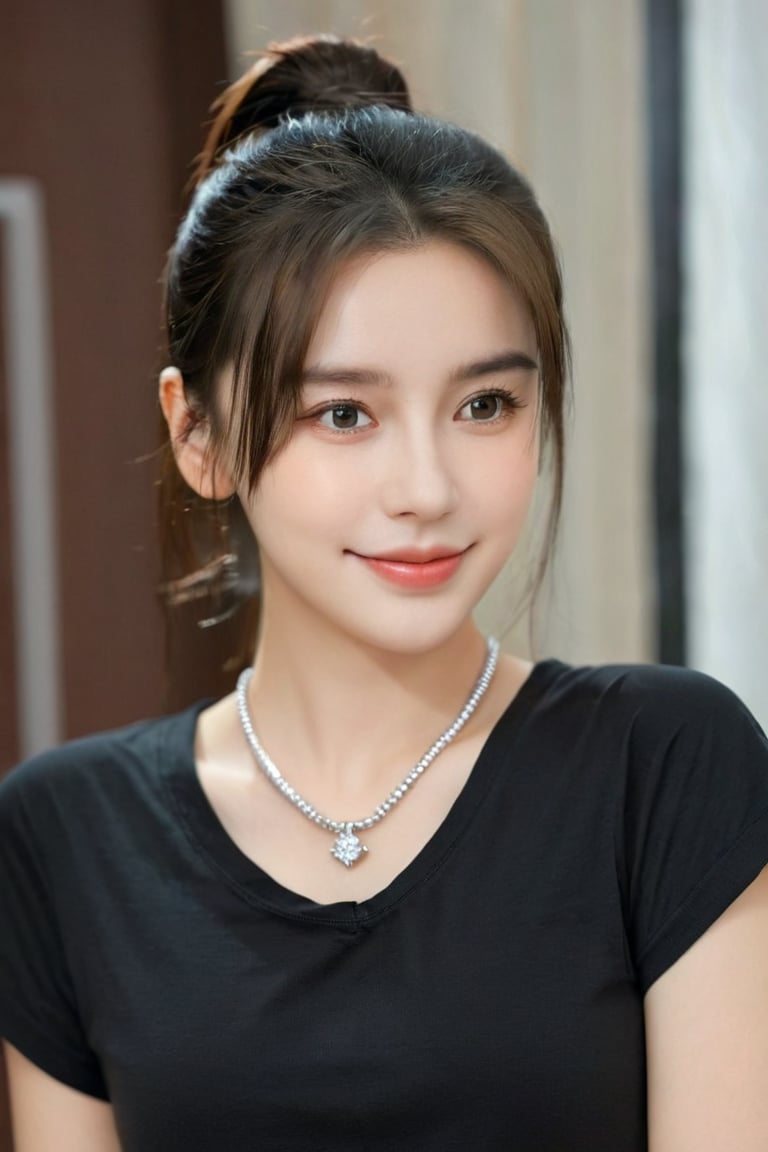 1girl, solo, looking at viewer, smile, brown hair, shirt, black hair, jewelry, closed mouth, upper body, ponytail, short sleeves, indoors, necklace, blurry, lips, black shirt, blurry background, t-shirt, realistic