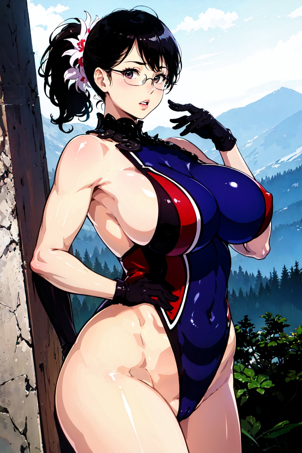 (masterpiece), (best quality), 1girl, Cattleya, black hair, ponytail, glasses, multicolored leotard, hair_ornament, black gloves, collar, mature_female, (curvy), looking at viewer, breasts, trees and mountains background