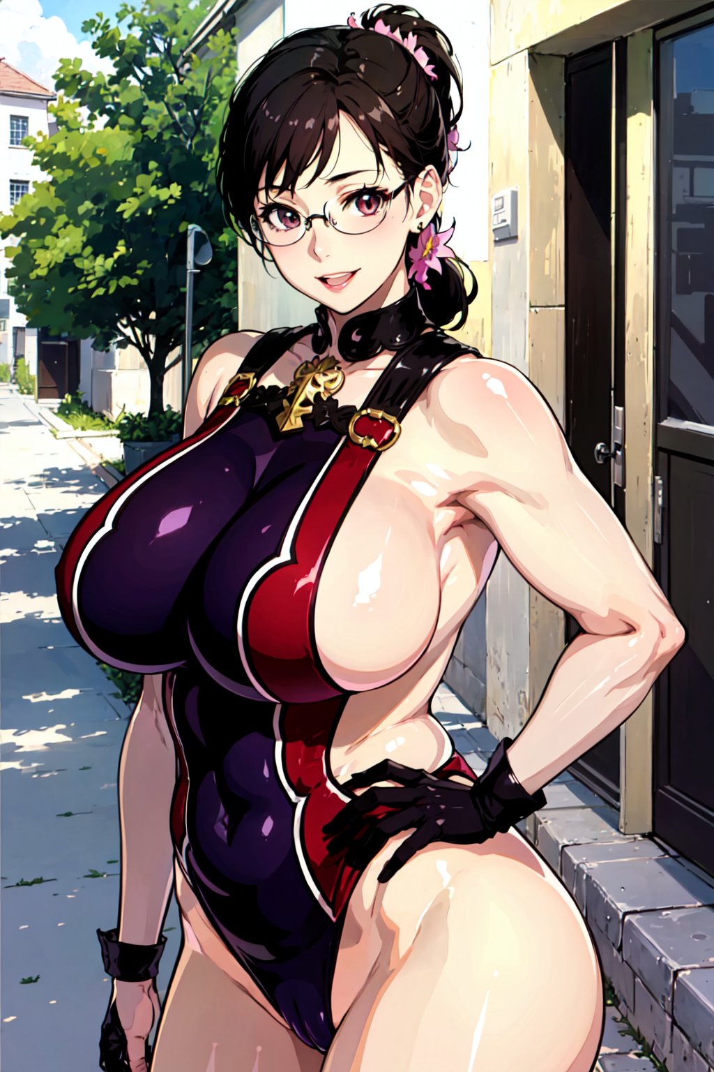 (masterpiece), (best quality), 1girl, black hair, ponytail, glasses, multicolored leotard, hair_ornament, black gloves, collar, mature_female, curvy, looking at viewer, smiling, breasts, village outdoors,Cattleya