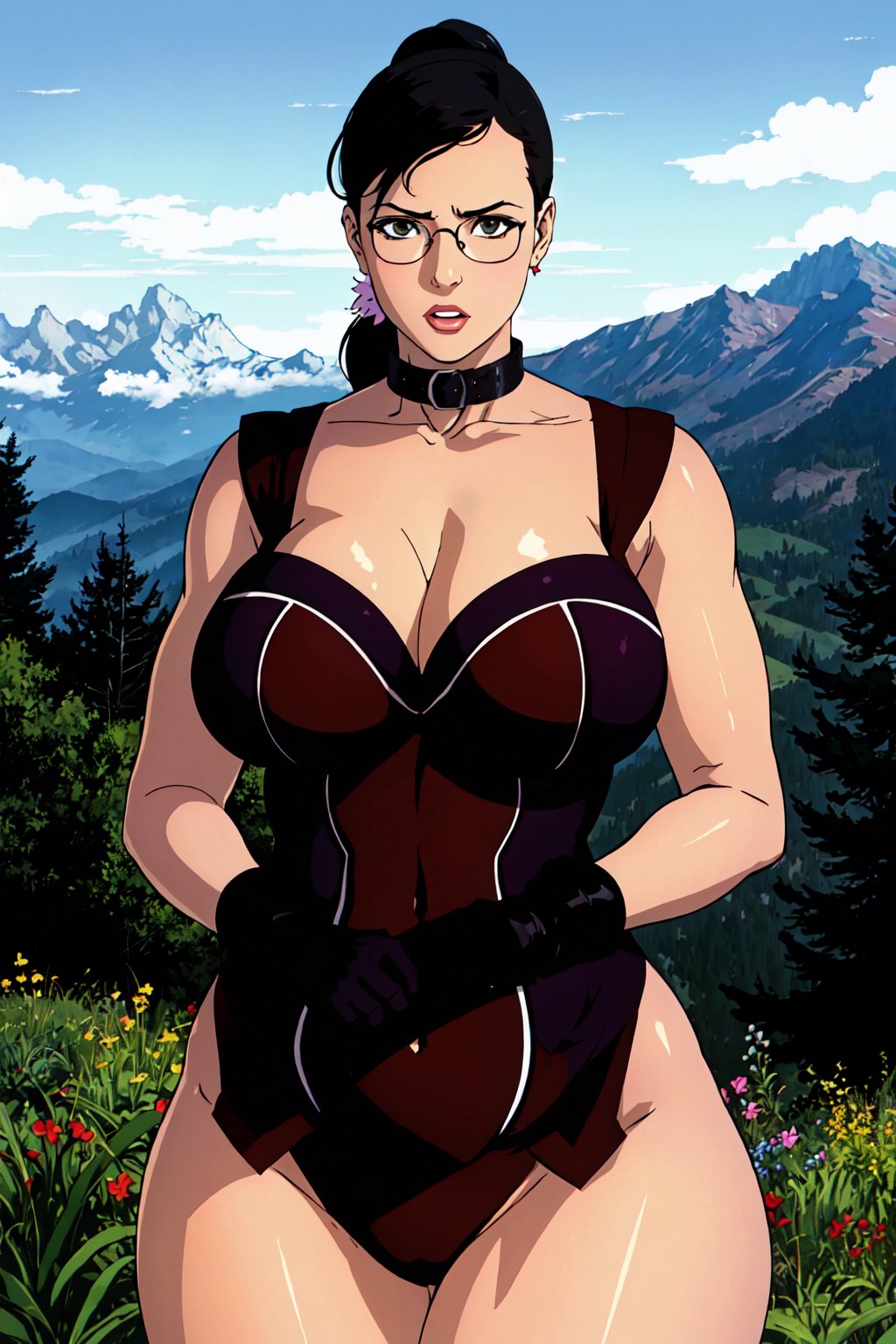 (masterpiece), (best quality), 1girl, Cattleya, black hair, ponytail, glasses, hair_ornament, black gloves, collar, mature_female, (curvy), looking at viewer, breasts, trees and mountains background