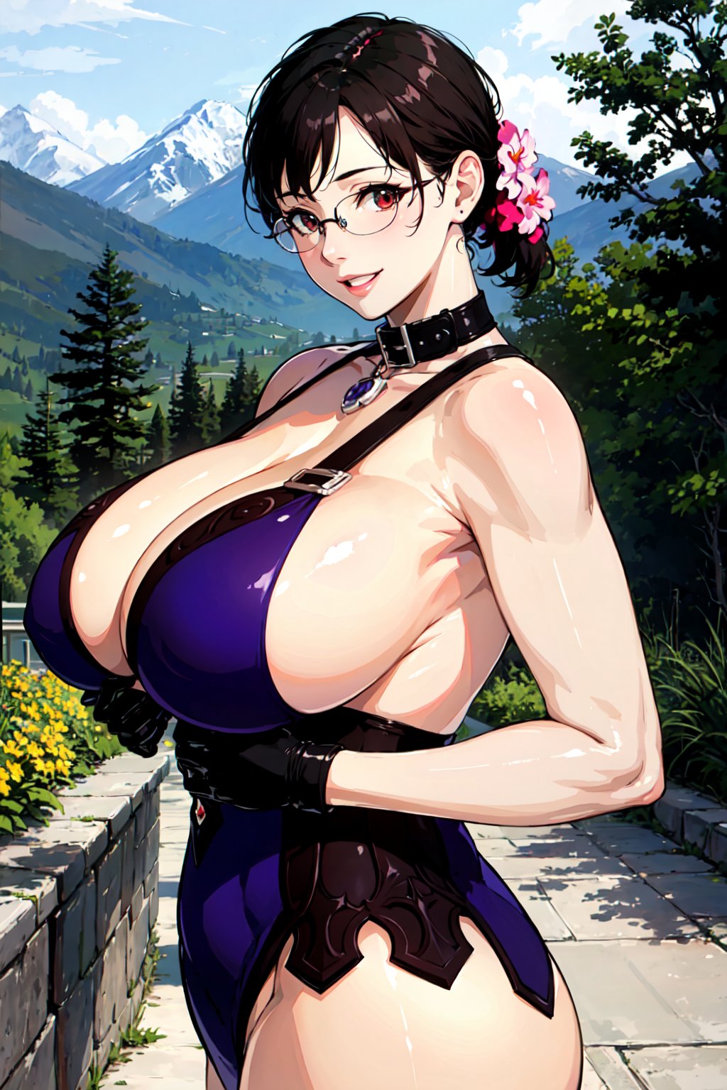 (masterpiece), (best quality), 1girl, Cattleya, black hair, ponytail, glasses, black gloves, collar, mature_female, (curvy), looking at viewer, smiling, breasts, trees and mountains background