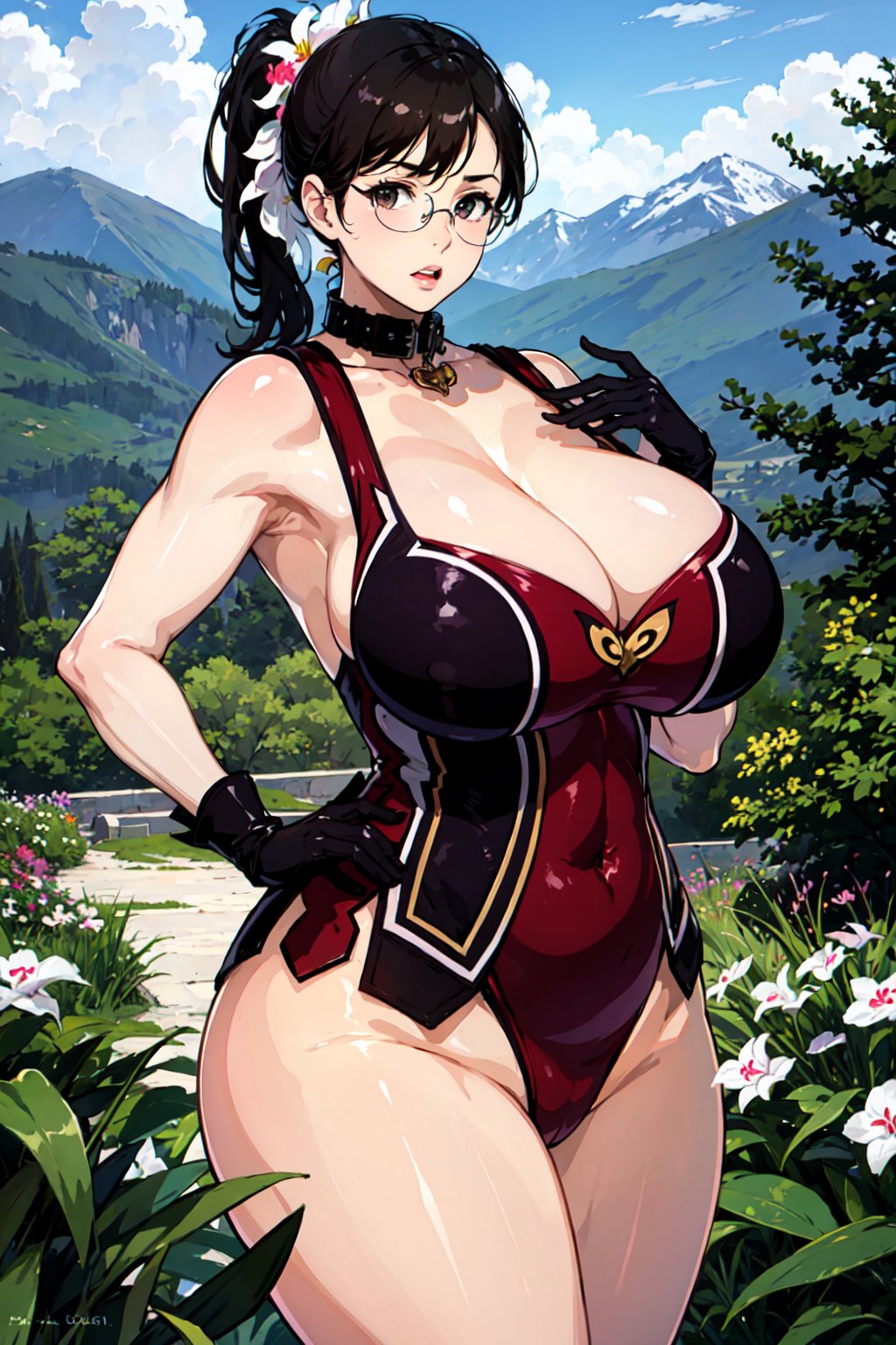 (masterpiece), (best quality), 1girl, Cattleya, black hair, ponytail, glasses, black gloves, collar, mature_female, (curvy), looking at viewer, breasts, trees and mountains background