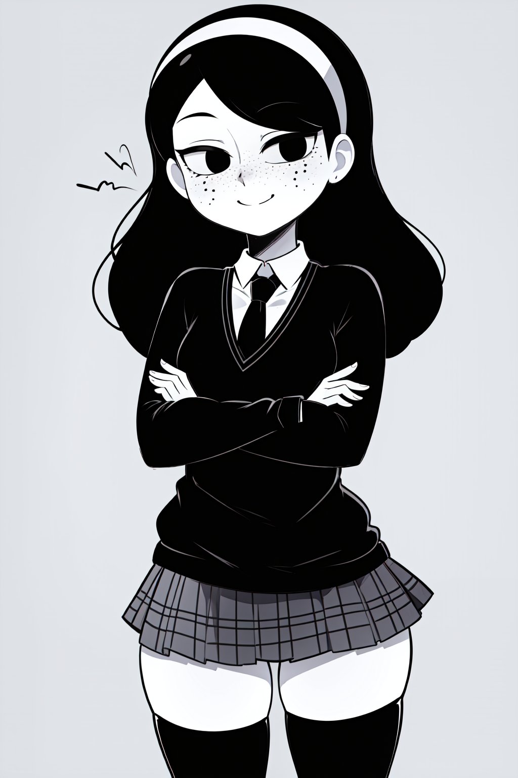 (1girl,solo,(Anya_borzakovskaya,colored skin, white skin),long hair, black hair, freckles,black eyes, empty eyes, black sweater, necktie, plaid skirt, school uniform, black thighhighs, hairband,crossing arms, happy)