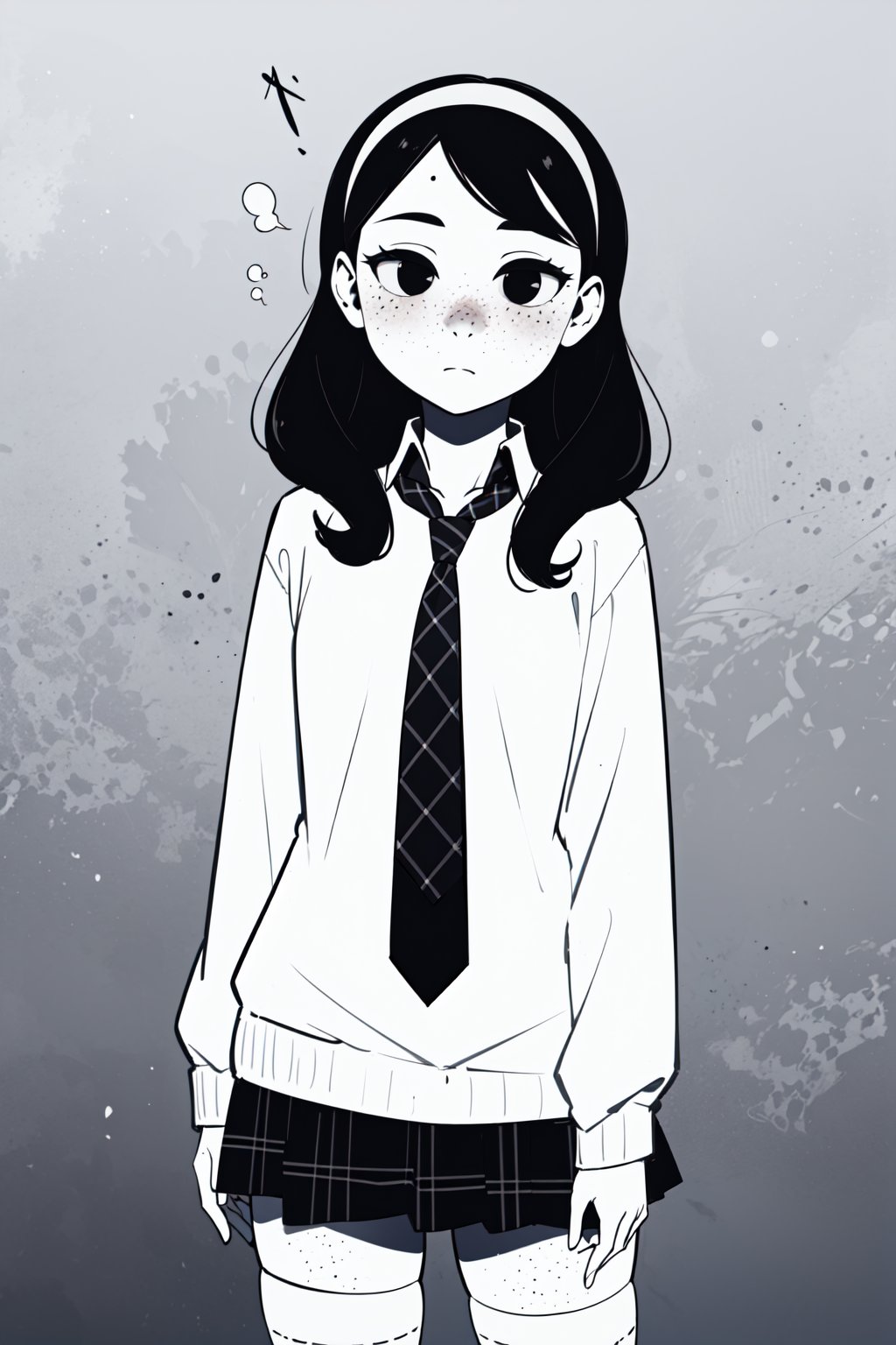 (1girl,solo,(Anya_borzakovskaya,colored skin, white skin),long hair, black hair, freckles,black eyes, empty eyes, black sweater, necktie, plaid skirt, school uniform, black thighhighs, hairband)