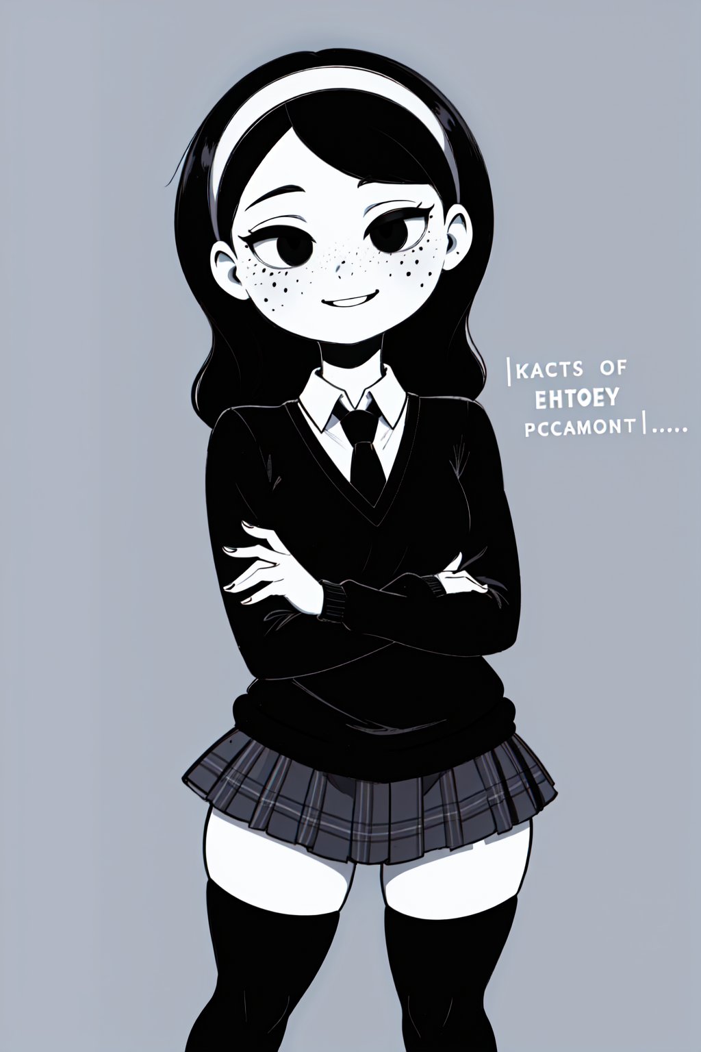 (1girl,solo,(Anya_borzakovskaya,colored skin, white skin),long hair, black hair, freckles,black eyes, empty eyes, black sweater, necktie, plaid skirt, school uniform, black thighhighs, hairband,crossing arms, happy)