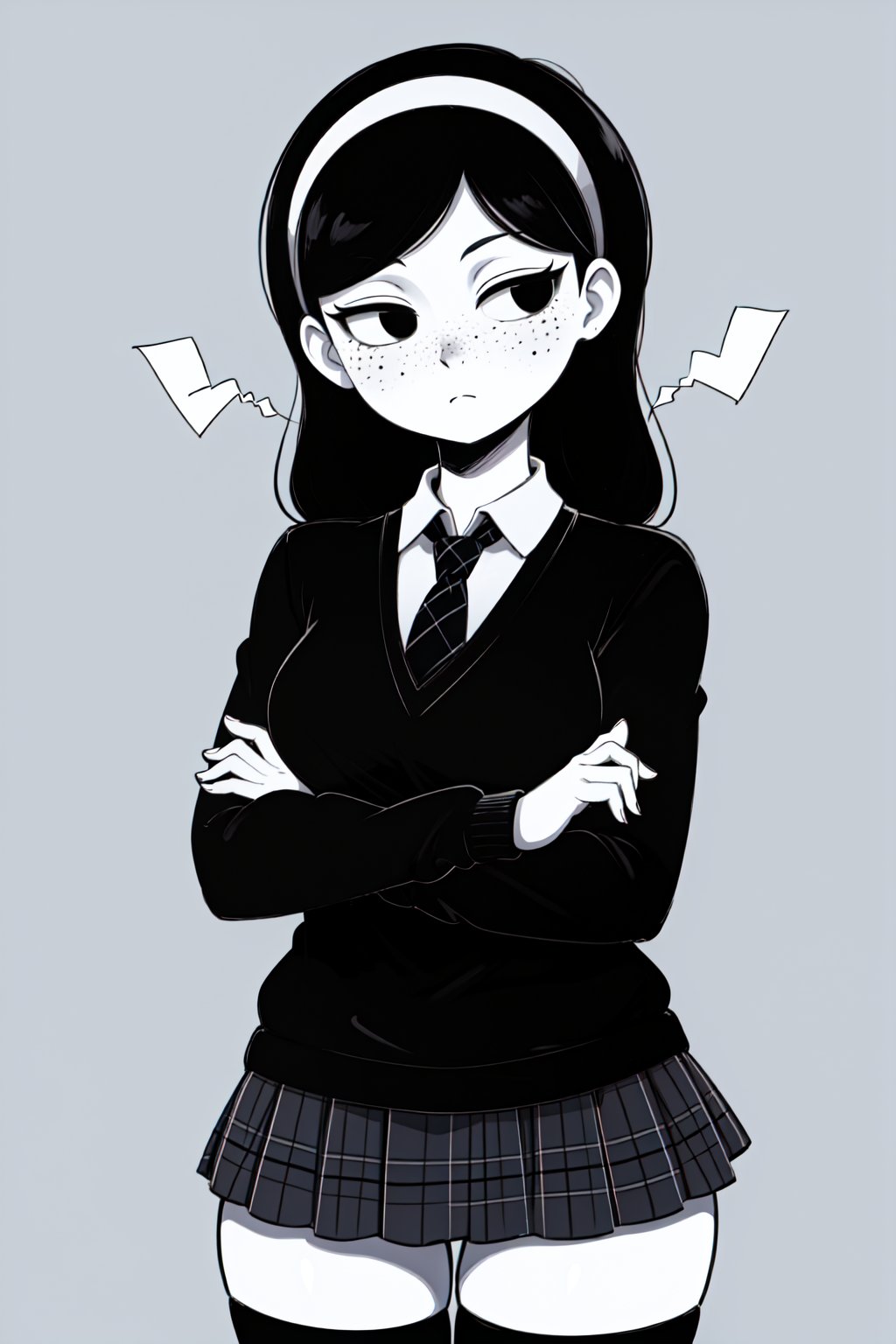 (1girl,solo,(Anya_borzakovskaya,colored skin, white skin),long hair, black hair, freckles,black eyes, empty eyes, black sweater, necktie, plaid skirt, school uniform, black thighhighs, hairband,crossing arms)