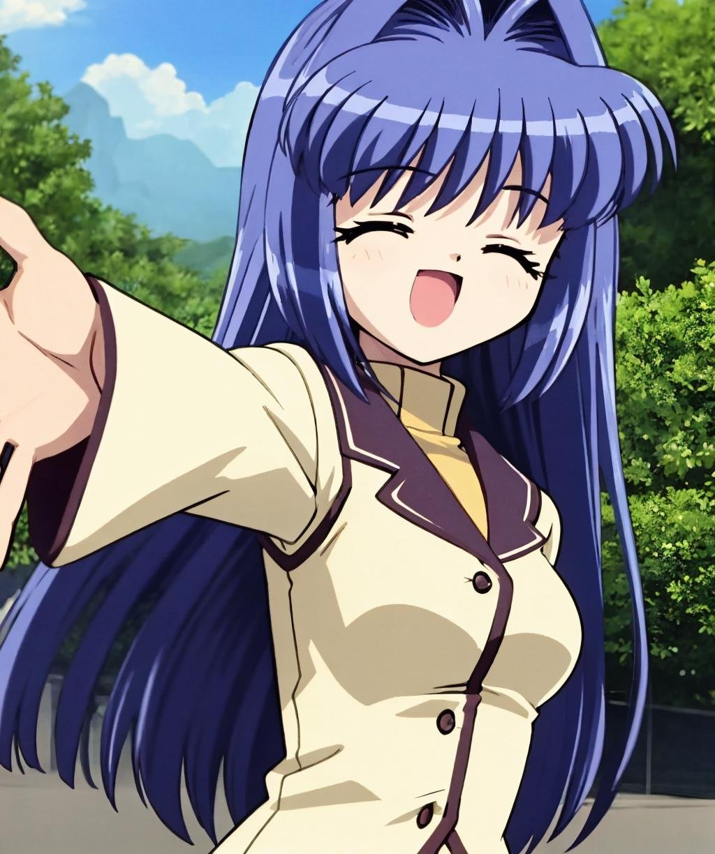 1girl,solo,long hair,smile,open mouth,long sleeves,very long hair,blue hair,closed eyes,upper body,:d,outdoors,tree,buttons,hair intakes,outstretched arms,sunset,<lora:kanon_2002-04:1>,