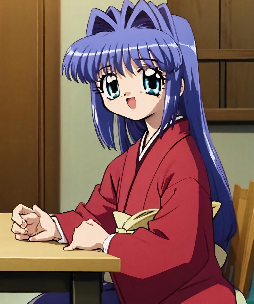 1girl,solo,long hair,looking at viewer,smile,open mouth,blue eyes,long sleeves,blue hair,japanese clothes,indoors,hair intakes,table,hanten (clothes),<lora:kanon_2002-04:1>,