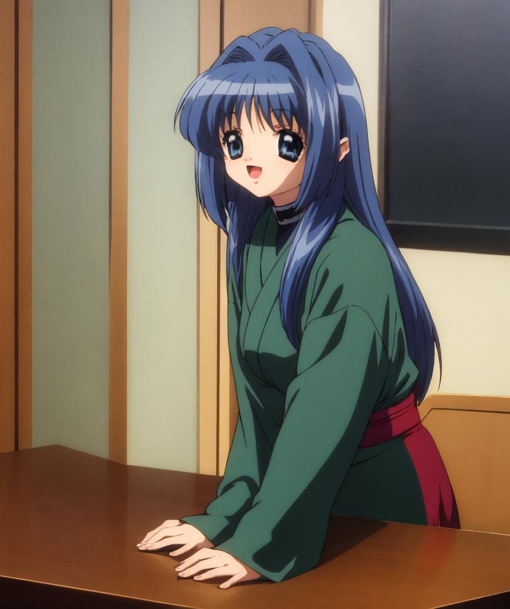 1girl,solo,long hair,looking at viewer,smile,open mouth,blue eyes,long sleeves,blue hair,japanese clothes,indoors,hair intakes,table,hanten (clothes),<lora:kanon_2006-02:1>,<lora:Gavial-04:1>,