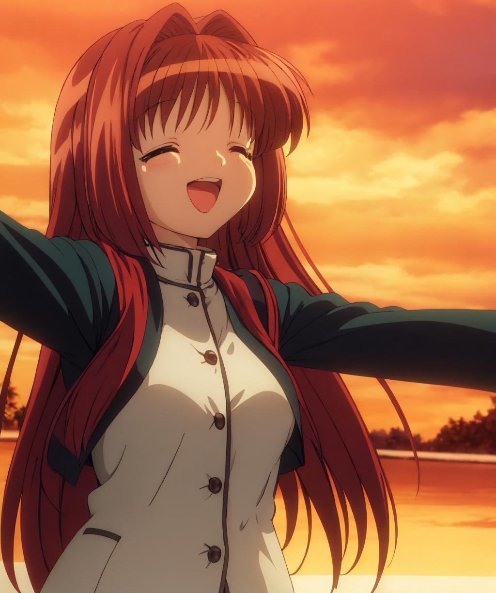 1gril,solo,short hair,smile,open mouth,long sleeves,very long hair,red hair,closed eyes,upper body,outdoors,tree,buttons,hair intakes,outstretched arms,sunset,<lora:kanon_2006-02:1>,