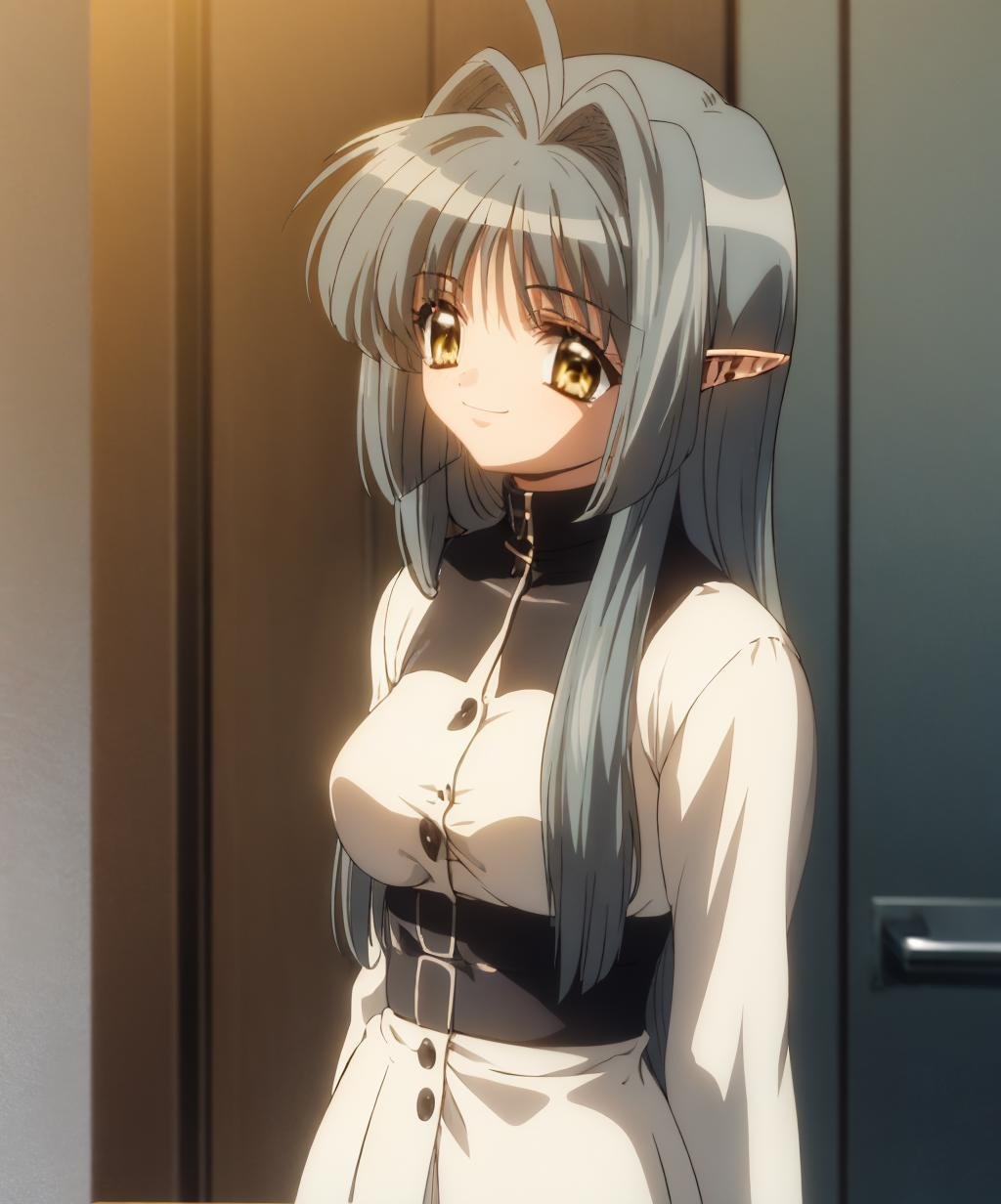 1girl,solo,smile,grey hair,pointy ears,yellow eyes,gavial,<lora:kanon_2006-02:1>,<lora:Gavial-04:1>,