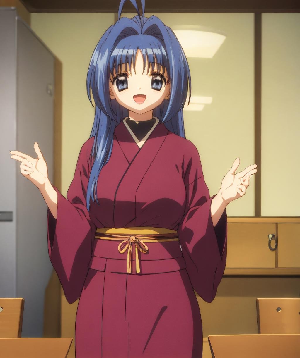 1girl,solo,long hair,looking at viewer,smile,open mouth,blue eyes,long sleeves,blue hair,japanese clothes,indoors,hair intakes,table,hanten (clothes),<lora:kanon_2006-02:1>,<lora:Gavial-04:1>,