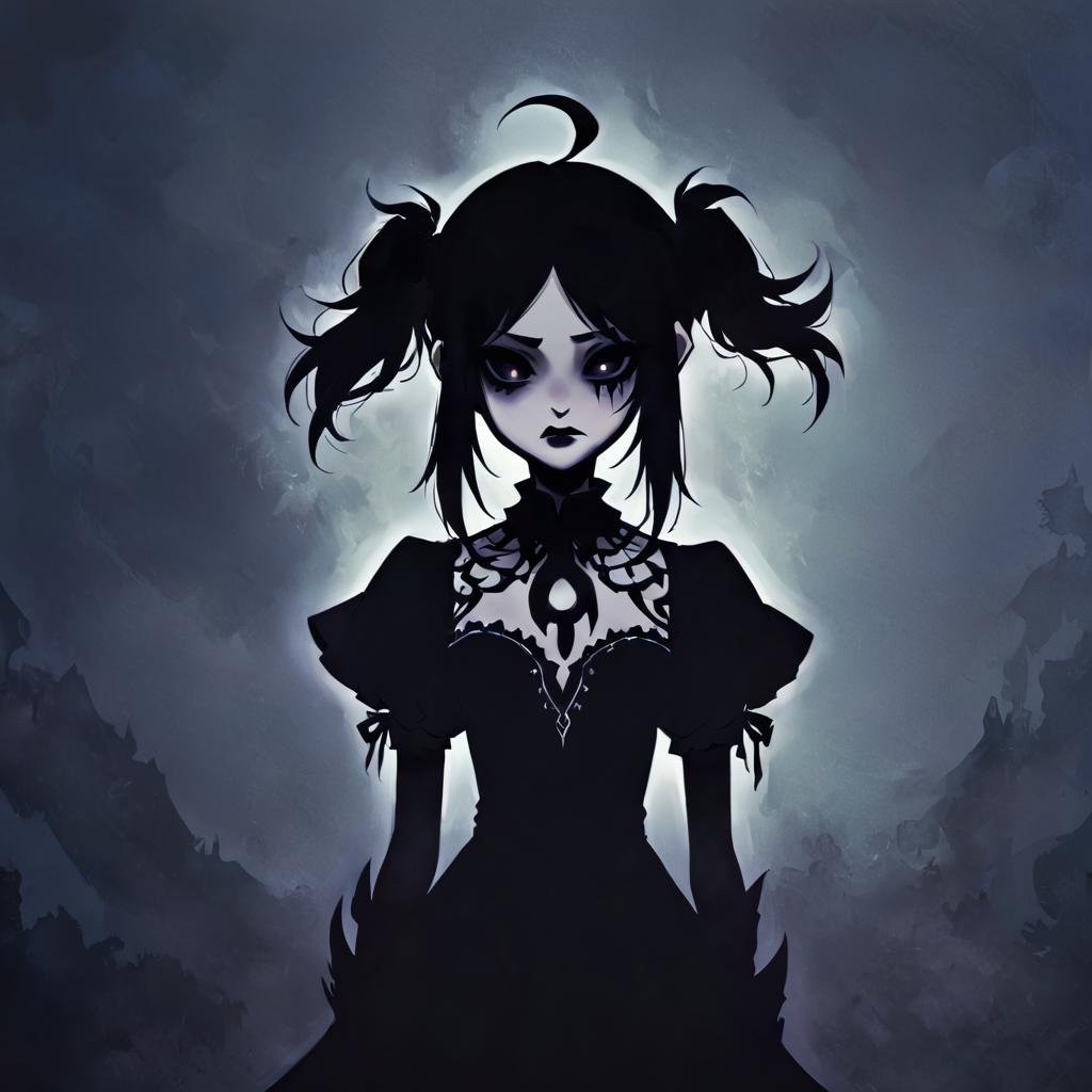 Gothic style shadow,1girl,twintails,ahoge,solo,short twintails,<lora:shadows:1>,<lora:xl_more_art-full_v1:0.8>, . Dark, mysterious, haunting, dramatic, ornate, detailed