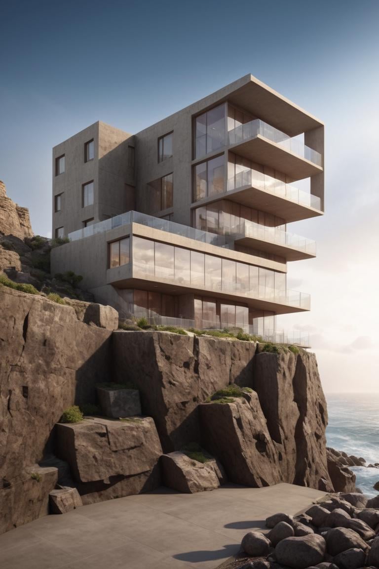 (Modern style architecture, Art galleries and public buildings on a rocky coast, half embedded in the cliff:1.3), (avant-garde, future, reality, science fiction, photorealistic), (modern architecture:1.2), (Large Files, Ultra Realistic, 8K, 16k, FHD, HD, VFX, Perfect, Photography, composition, Architecture Sales Photography, Architecture Competition, Ultra High Resolution, Cinematography, High Resolution Image:1.1), (dramatic lighting, direct sunlight, ray tracing, clear shadow:1.2), (real landscape:1.1), (blurred background:1.0), (urban background, more_details) ,vertical,stacked,void,frames,<lora:EMS-61413-EMS:0.300000>,<lora:EMS-274228-EMS:0.300000>,<lora:EMS-305972-EMS:1.000000>