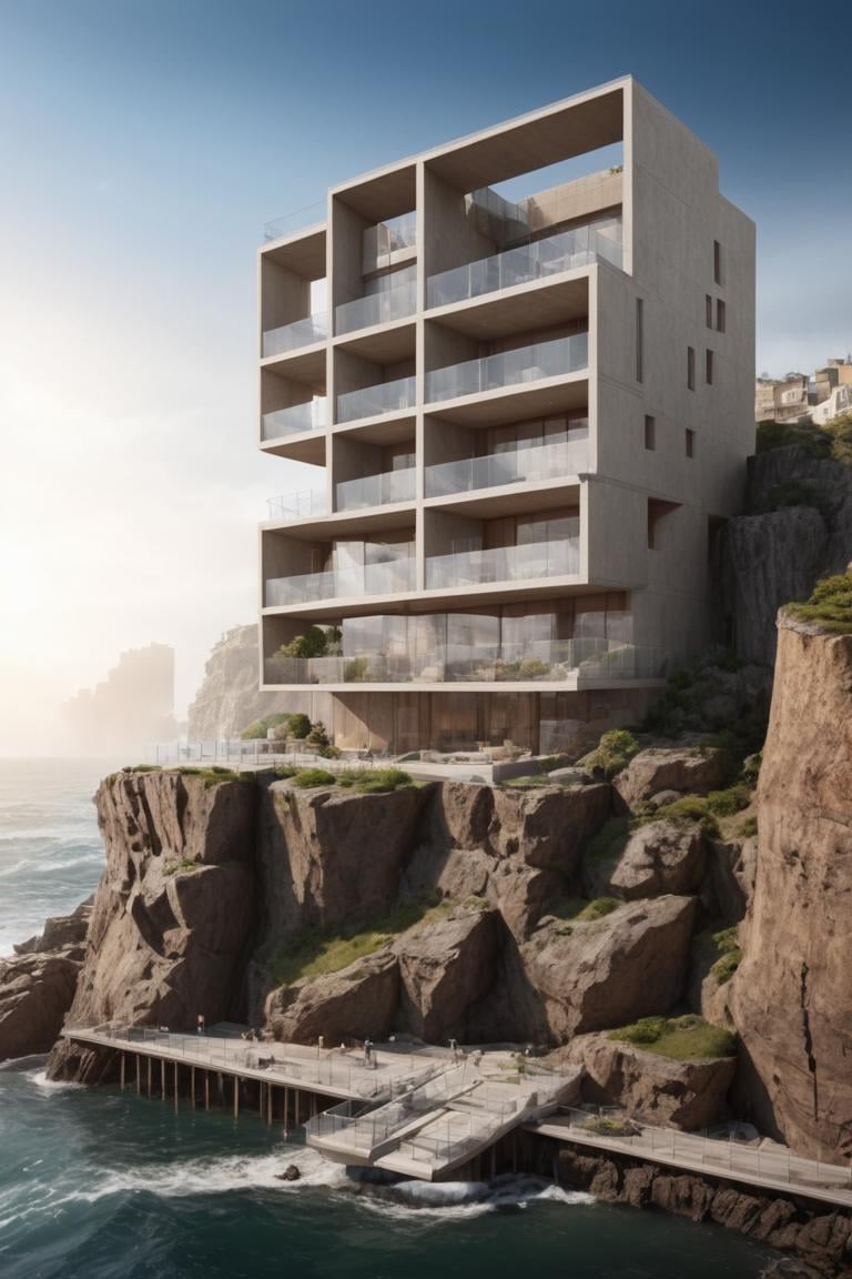 (Modern style architecture, Art galleries and public buildings on a rocky coast, half embedded in the cliff:1.3), (avant-garde, future, reality, science fiction, photorealistic), (modern architecture:1.2), (Large Files, Ultra Realistic, 8K, 16k, FHD, HD, VFX, Perfect, Photography, composition, Architecture Sales Photography, Architecture Competition, Ultra High Resolution, Cinematography, High Resolution Image:1.1), (dramatic lighting, direct sunlight, ray tracing, clear shadow:1.2), (real landscape:1.1), (blurred background:1.0), (urban background, more_details) ,horizontal,frames,<lora:EMS-61413-EMS:0.300000>,<lora:EMS-274228-EMS:0.300000>,<lora:EMS-305972-EMS:1.100000>