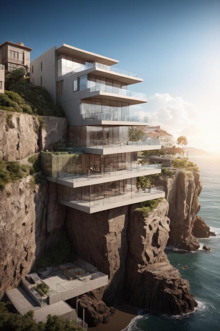 (Modern style architecture, Art galleries and public buildings on a rocky coast, half embedded in the cliff:1.3), (avant-garde, future, reality, science fiction, photorealistic), (modern architecture:1.2), (Large Files, Ultra Realistic, 8K, 16k, FHD, HD, VFX, Perfect, Photography, composition, Architecture Sales Photography, Architecture Competition, Ultra High Resolution, Cinematography, High Resolution Image:1.1), (dramatic lighting, direct sunlight, ray tracing, clear shadow:1.2), (real landscape:1.1), (blurred background:1.0), (urban background, more_details) ,horizontal,frames,<lora:EMS-61413-EMS:0.400000>,<lora:EMS-274228-EMS:0.400000>,<lora:EMS-305972-EMS:1.000000>