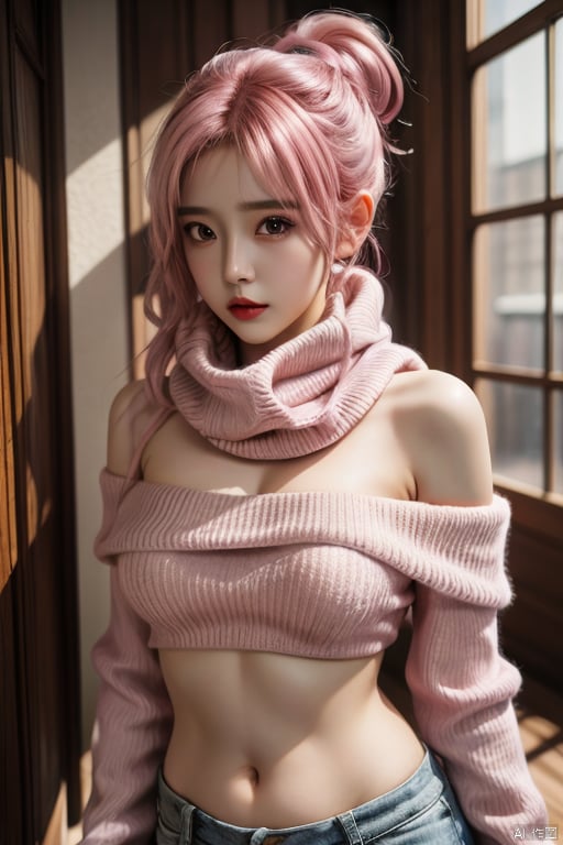  bubble,pink hair,High quality, masterpiece, Portrait,cinematic texture,1girl,sexy_sweater, navel,Scarf,Off shoulder, hologram girl, 1girl