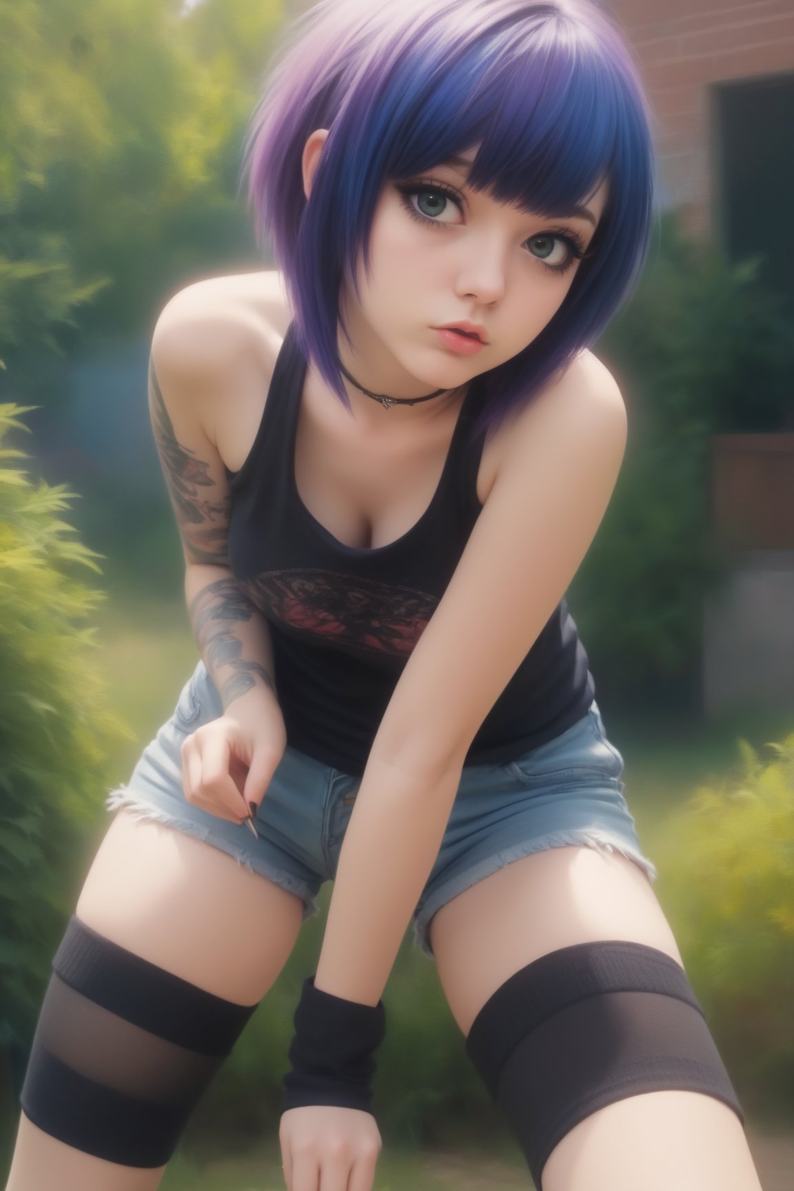 1girl, emo, long har, blunt bamgs, shorts, thigh highs, playful sexy pose, masterpiece best quality, hyper  realism, detailed, realistic, 8k, egirl,masterpiece