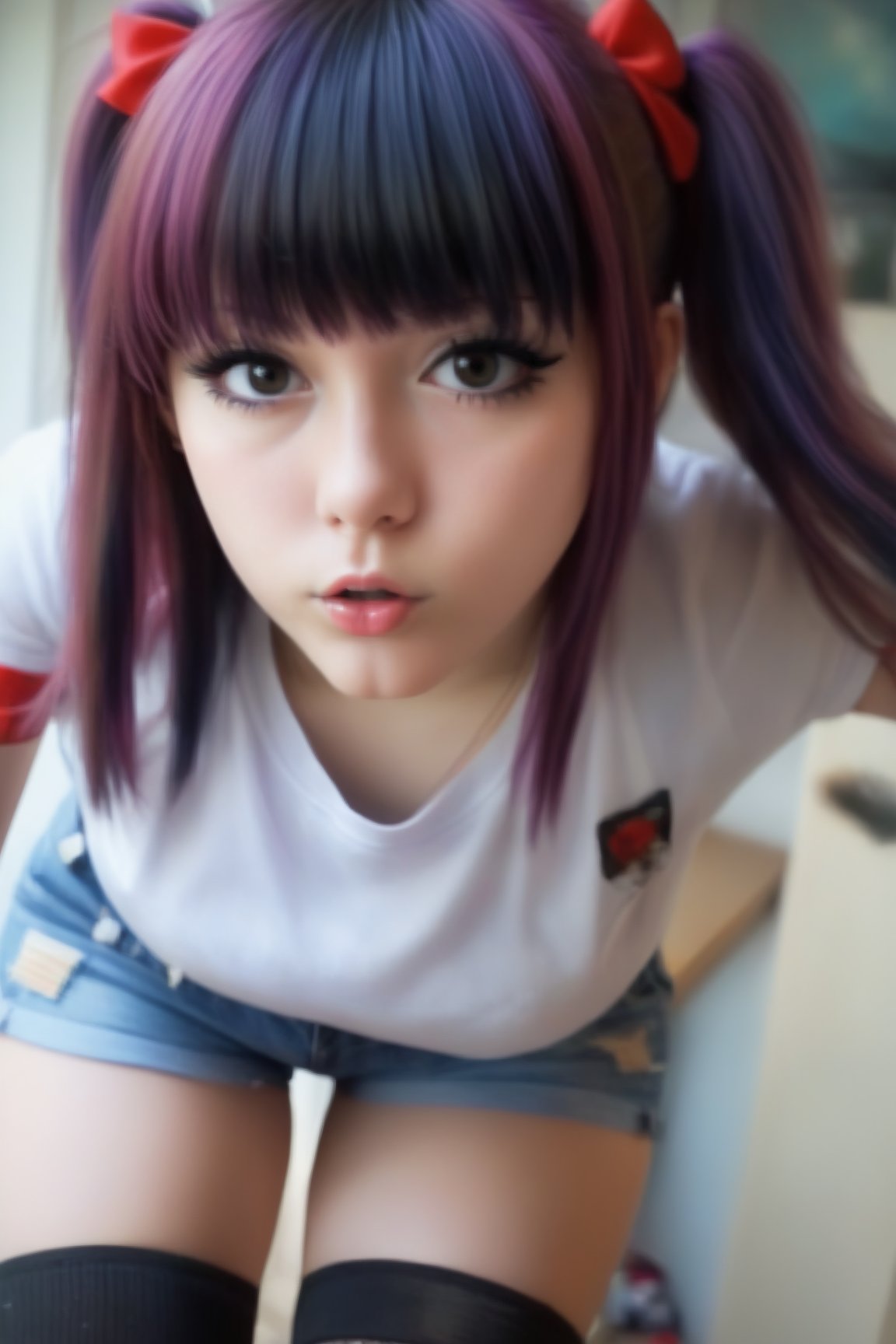 1girl, emo, long hair, blunt bangs, tiny shorts, thigh highs, playful sexy pose, masterpiece best quality, hyper  realism, detailed, sharp focus, realistic, 8k, egirl