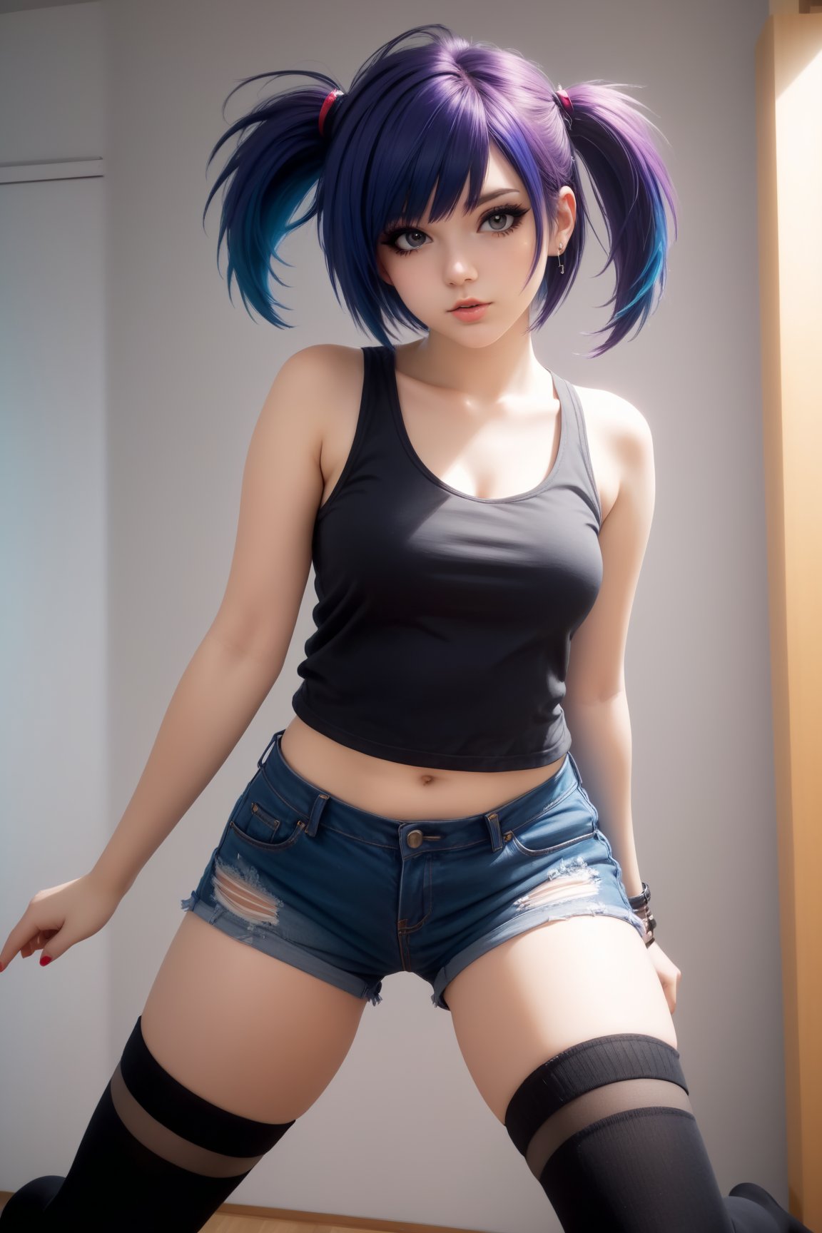 1girl, emo, shorts, thigh highs, playful sexy pose, masterpiece best quality, hyper  realism, detailed, realistic, 8k, egirl