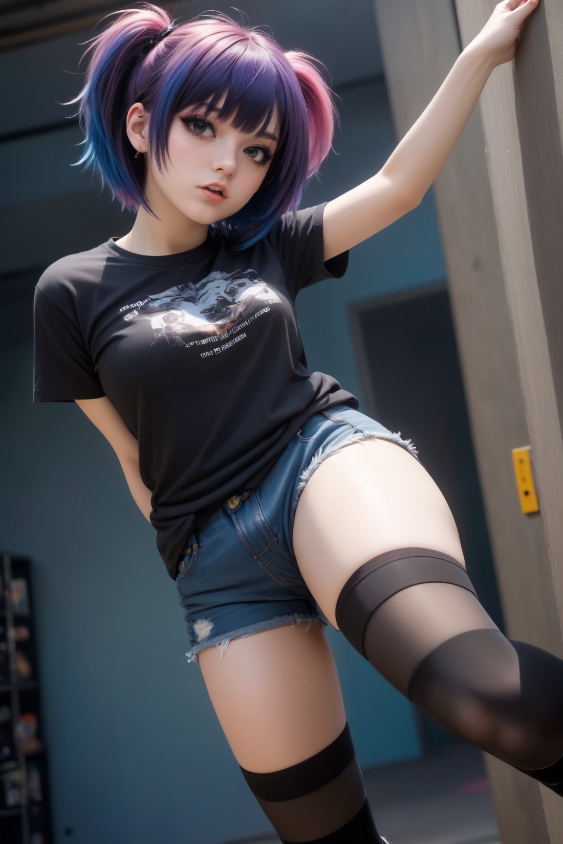 1girl, emo, long har, blunt bamgs, shorts, thigh highs, playful sexy pose, masterpiece best quality, hyper  realism, detailed, realistic, 8k, egirl