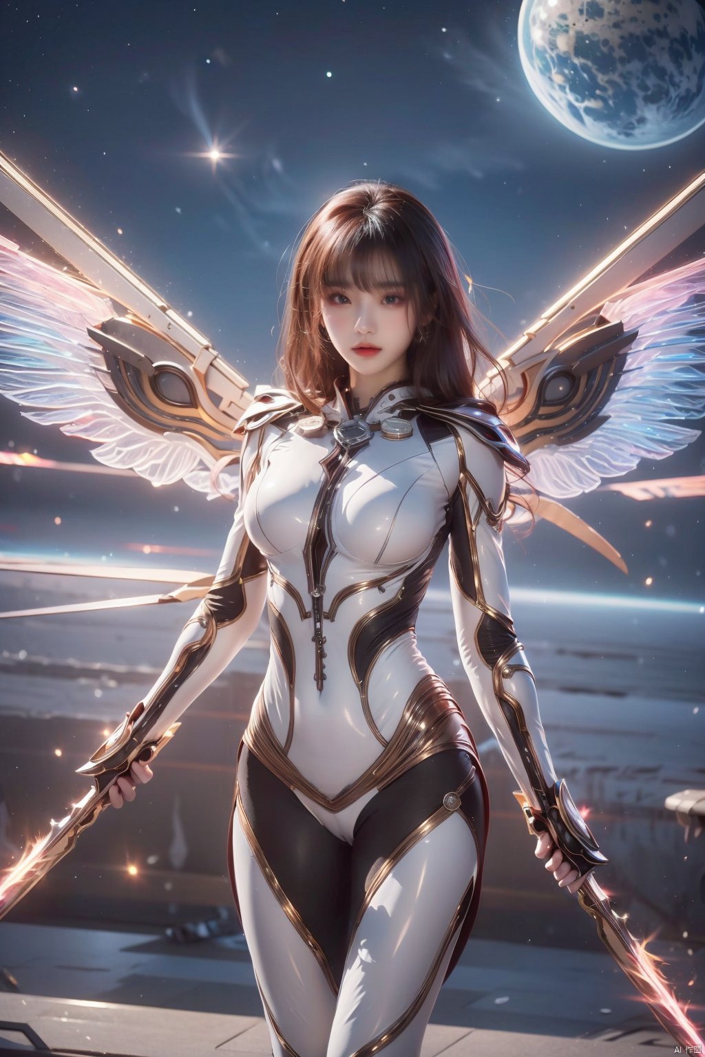 jiqing,1girl,medium breasts,weapon,wings,holding weapon,lips,bodysuit,covered navel,skin tight,science fiction,dual wielding,mechanical wings, jiqing, 1girl,moyou