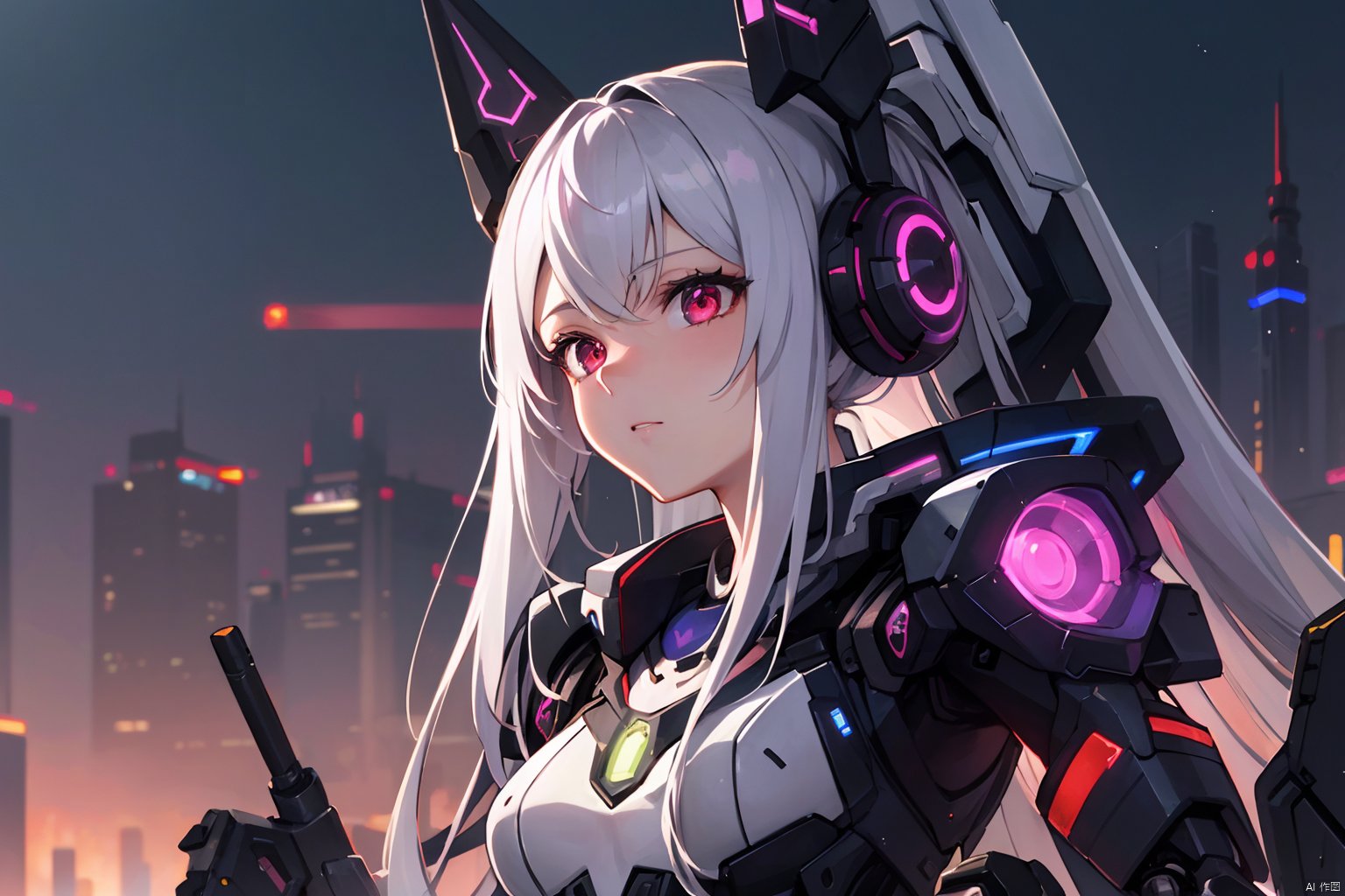  masterpiece, best quality, illustration, beautiful detailed eyes,colorful background,mechanical prosthesis,mecha coverage,emerging dark purple across with white hair,pig tails,disheveled hair,fluorescent purple,cool movement,rose red eyes,beatiful detailed cyberpunk city,multicolored hair,beautiful detailed glow,1 girl, expressionless,cold expression,insanity, long bangs,long hair, lace,dynamic composition, motion, ultra - detailed, incredibly detailed, a lot of details, amazing fine details and brush strokes, smooth, hd semirealistic anime cg concept art digital painting