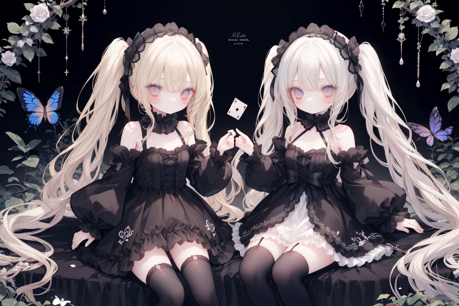  loli, 2girls, blonde hair, gothic, lolita fashion, dress,
bare shoulders, twintails, very long hair, thighhighs, black background, hair flower, crystal, butterfly, rose, white hair, lace gloves, star, card