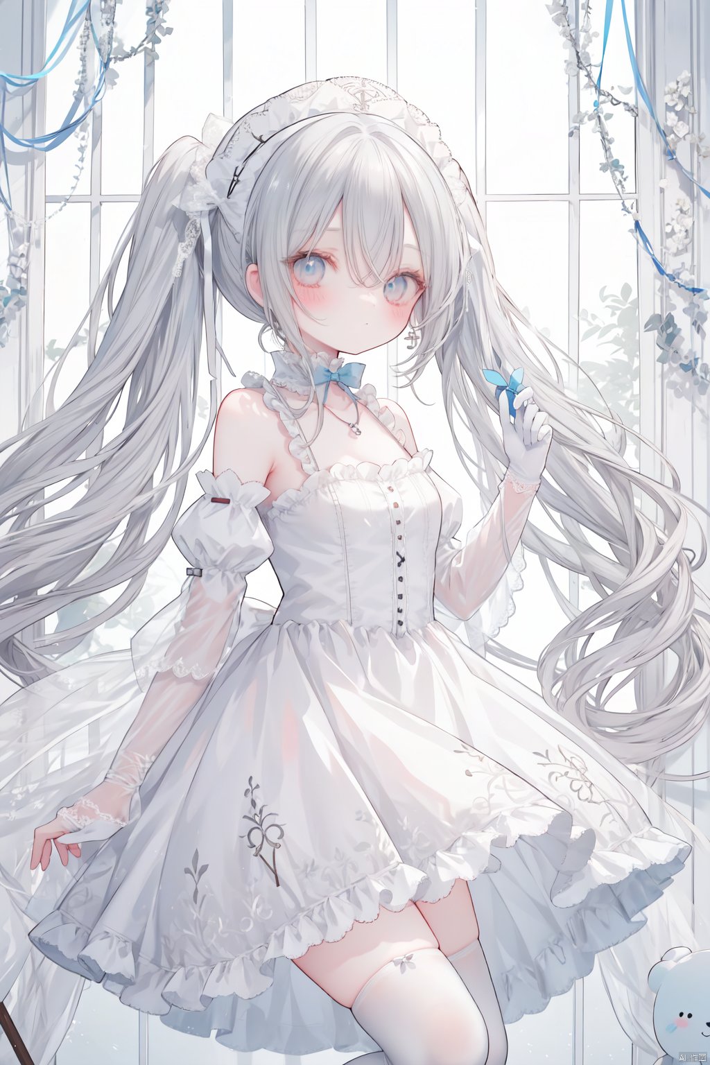  loli, grey hair,medium breasts, white hair, hair ribbon, white lace gloves, twintails, very long hair, hair between eyes, }hair ornament, blush, shamed, alice lolita, lolita fashion, necklace, closed mouth, frilled dress, earrings, light blue dress, bow, bowtie, collarbone, mini hat, alice in wonderland, wedding dress, lace decorations, stuffed toy, detached sleeves, from side,blue and white {{ stripped thighhighs}},, clock, gilberta, from below, summer