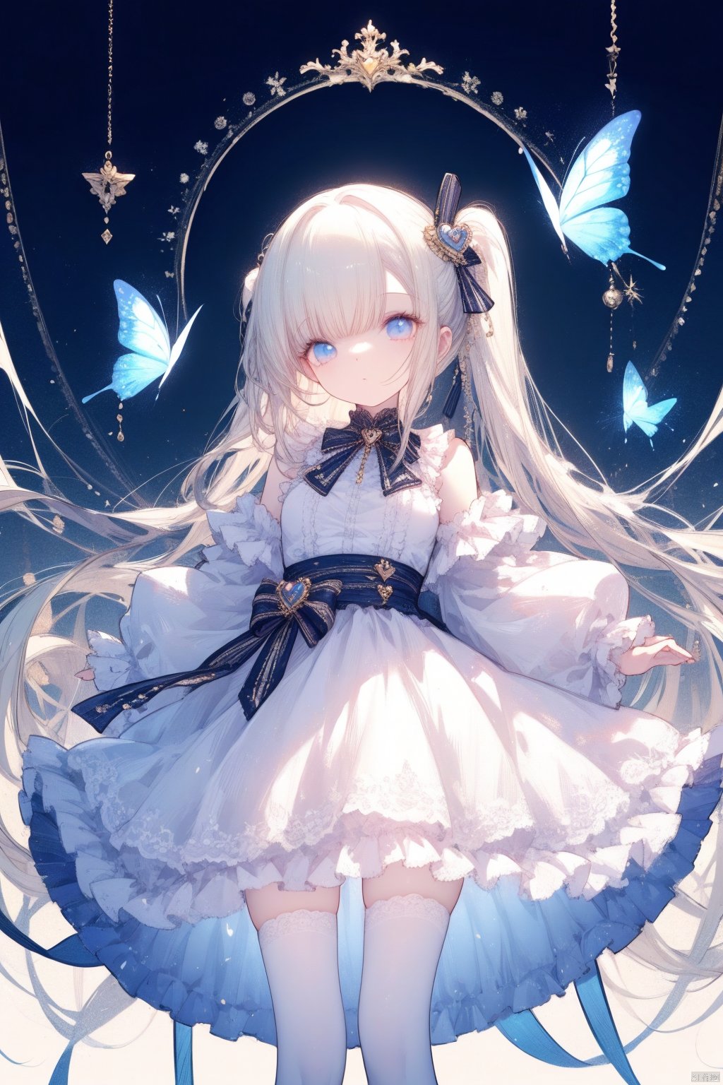  (Fantasy style), long hair, frilled dress, wide shot, loli, white pantyhose,  heart, butterfly,