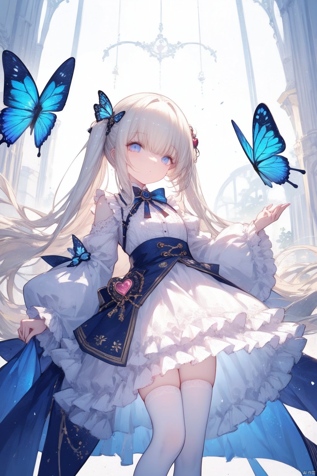  (Fantasy style), long hair, frilled dress, wide shot, loli, white pantyhose,  heart, butterfly,