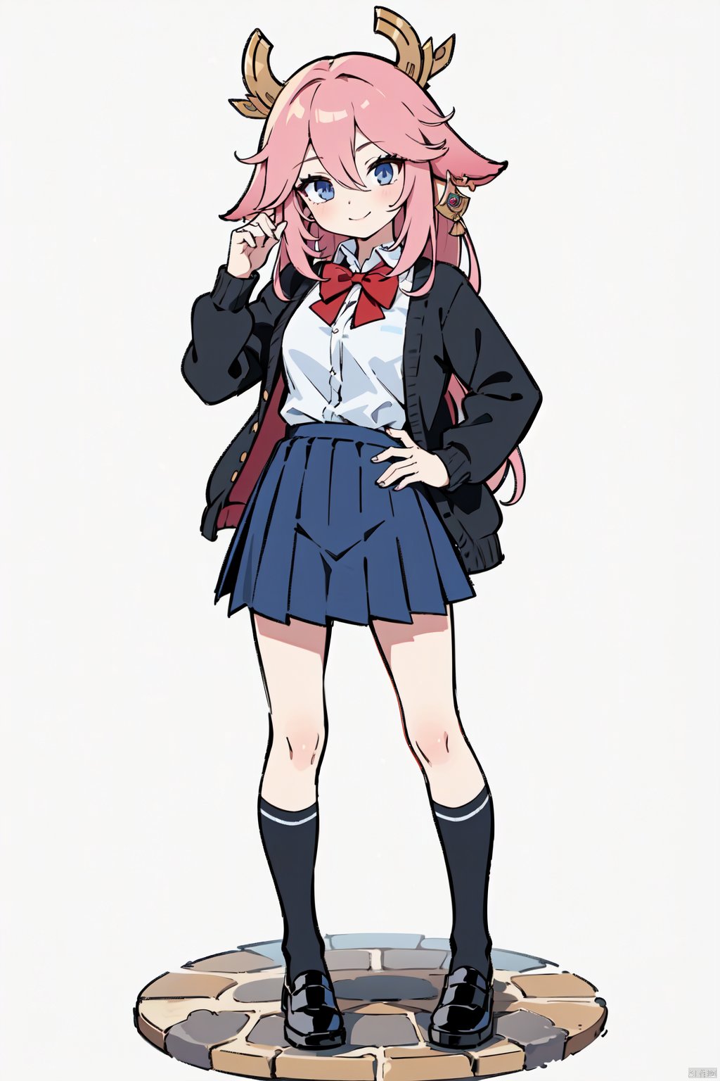  1girl, yae miko, solo, skirt, full body, white background, white socks, socks, shirt, school uniform, black footwear, simple background, hand on hip, white shirt, looking at viewer, bow, pleated skirt, long sleeves, cardigan, collared shirt, jewelry, kneehighs, bowtie, shoes, black skirt, brown cardigan, earrings, standing, red bow, smile