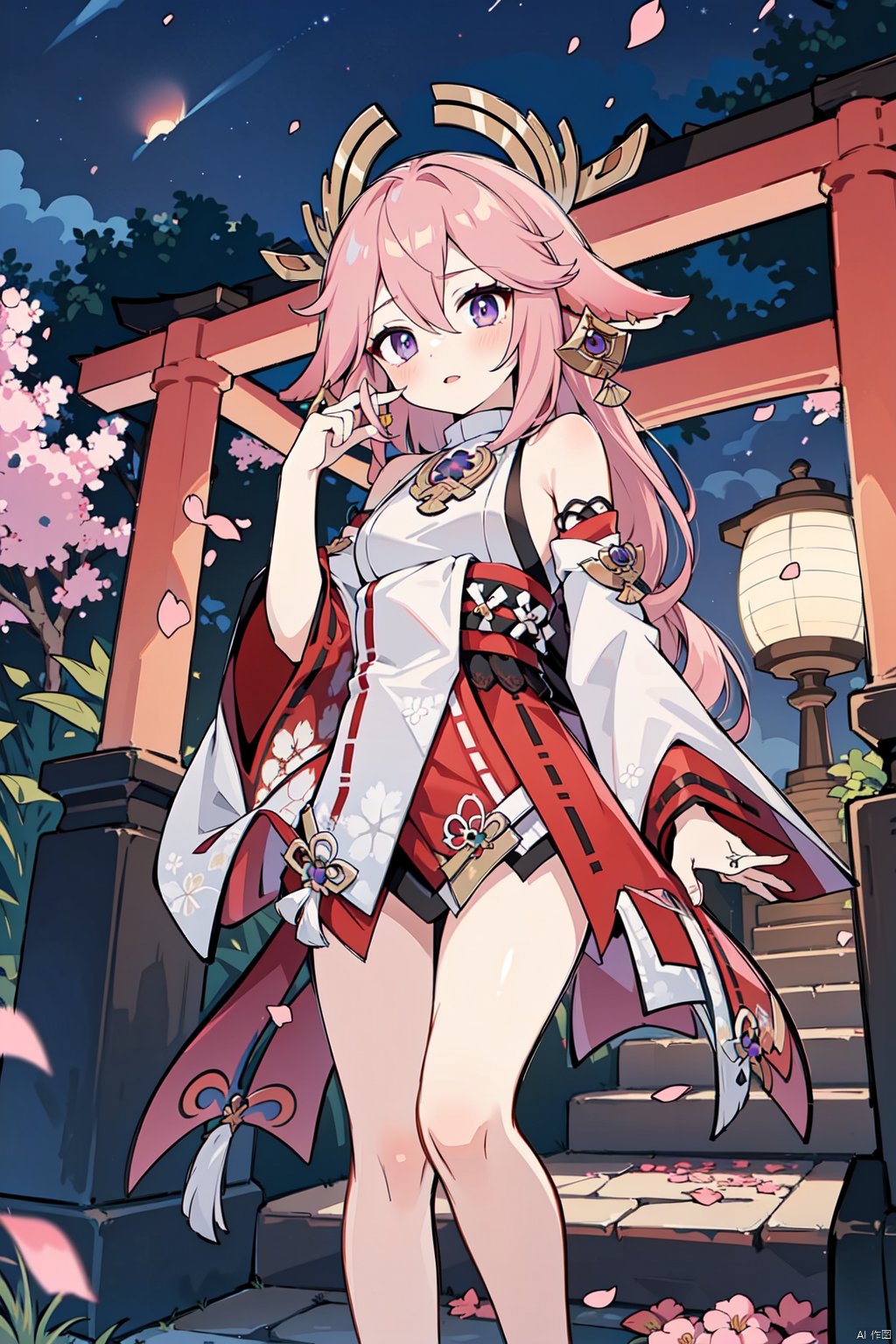 1girl, yae miko, solo, purple eyes, looking at viewer, lantern, cherry blossoms, night, holding, petals, bare legs, tree, outdoors, feet out of frame, yaemiko's-instruction outfit, torii, purple trees, hair ornament, earrings