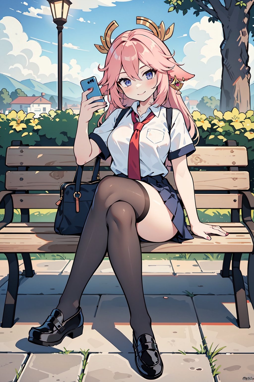  1girl, phone, yae miko, thighhighs, shirt, necktie, skirt, solo, holding phone, cellphone, holding, thighs, school uniform, black footwear, shoes, blue skirt, lamppost, crossed legs, white shirt, sitting, bench, loafers, smartphone, bag, black thighhighs, short sleeves, earrings, red necktie, pleated skirt, outdoors, full body, hair ornament, feet, collared shirt, looking at viewer, smile, legs, closed mouth, thick thighs, school bag, toes, shoes removed, messy hair