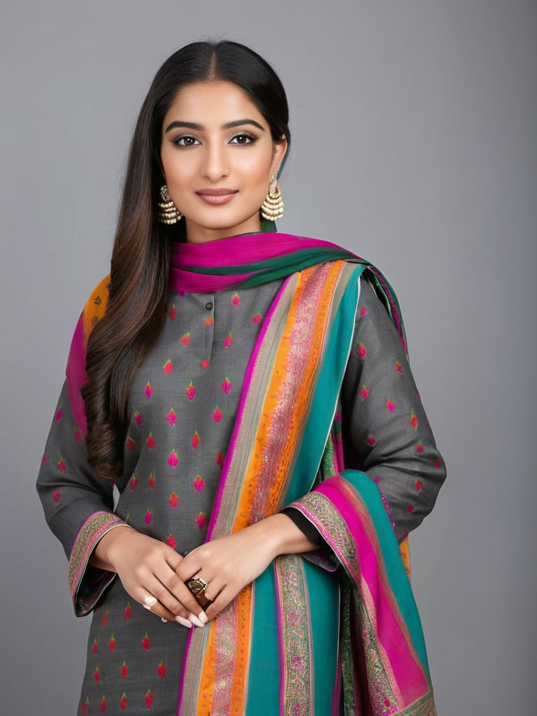 professional portrait photo, fully dressed, stunning looking, 25-year-old, wearing colorful Charcoal Kashmiri Pashmina Suit, simple white matte background, desilatte
