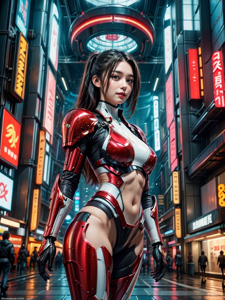 Masterpiece, High quality, 64K, Unity 64K Wallpaper, HDR, Best Quality, RAW, Super Fine Photography, Super High Resolution, Super Detailed, Beautiful and Aesthetic, Stunningly beautiful, Perfect proportions, 
1girl, Solo, White skin, Detailed skin, Realistic skin details, (Bikini Mecha:1.2), (Red mecha:1.3), 
Futuristic Mecha, Arms Mecha, Dynamic pose, Battle stance, Swaying hair, by FuturEvoLab, 
Dark City Night, Cyberpunk City, Cyberpunk architecture, Future architecture, Fine architecture, Accurate architectural structure, Detailed complex busy background, Gorgeous, Cherry blossoms,
Sharp focus, Perfect facial features, Pure and pretty, Perfect eyes, Lively eyes, Elegant face, Delicate face, Exquisite face, 