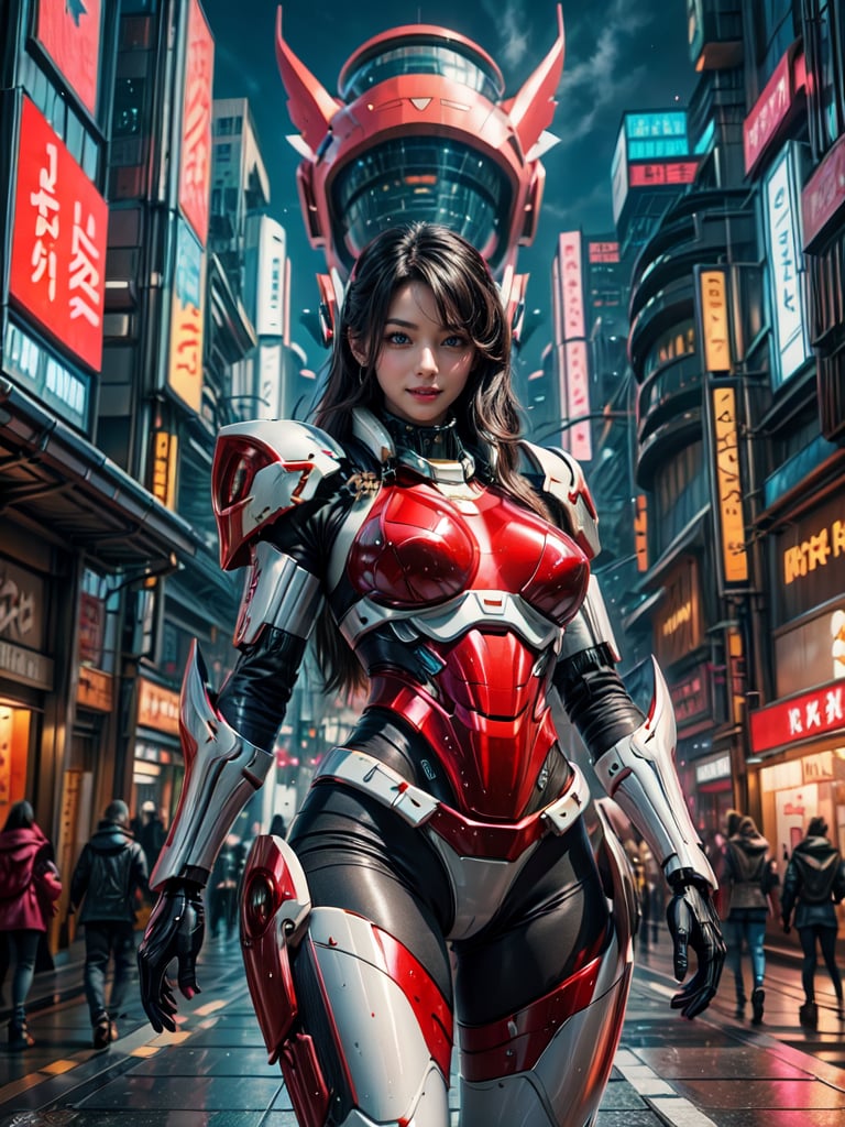 Masterpiece, High quality, 64K, Unity 64K Wallpaper, HDR, Best Quality, RAW, Super Fine Photography, Super High Resolution, Super Detailed, Beautiful and Aesthetic, Stunningly beautiful, Perfect proportions, 
1girl, Solo, White skin, Detailed skin, Realistic skin details, (Bikini Mecha:1.2), (Red mecha:1.3), 
Futuristic Mecha, Arms Mecha, Dynamic pose, Battle stance, Swaying hair, by FuturEvoLab, 
Dark City Night, Cyberpunk City, Cyberpunk architecture, Future architecture, Fine architecture, Accurate architectural structure, Detailed complex busy background, Gorgeous, Cherry blossoms,
Sharp focus, Perfect facial features, Pure and pretty, Perfect eyes, Lively eyes, Elegant face, Delicate face, Exquisite face, 