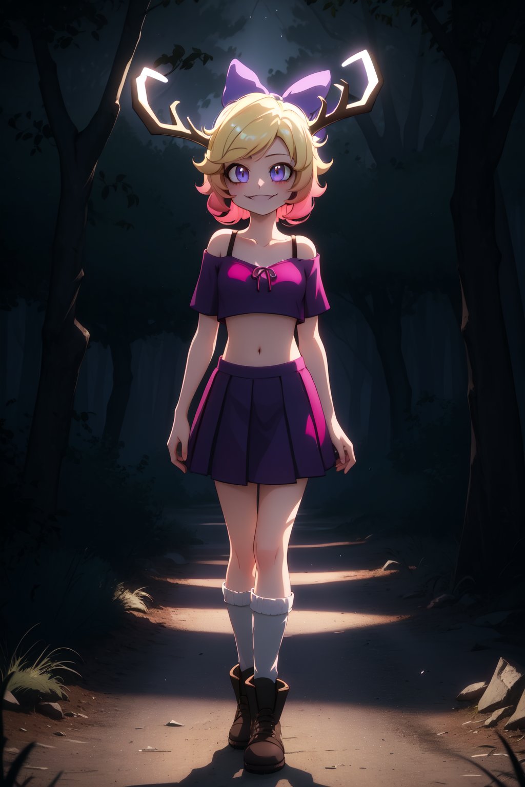 masterpiece, epic brutal, best quality, highly quality, (extremely detailed fine touch:1.2), 
wendi, 1girl, solo, alone, antlers on head, purple hair bow, blonde hair, gradient hair, short hair, purple hair, purple eyes, cute_fang, :), smile, closed mouth, pink crop top, off shoulder, midriff, pink pleated skirt, grey striped socks, black boots, standing, looking at viewer, standing, arms at side, 
outdoor, dark forest, woods, dark place, night, night sky, dark lighting, complex_background, detailed background, (cinematic lighting, dramatic lighting, epic lighting, ray tracing:1.2)