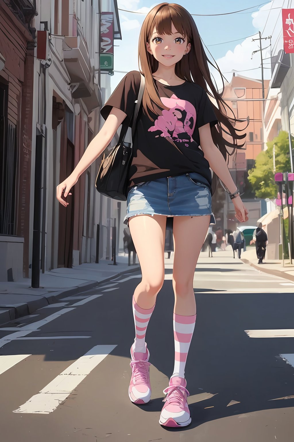 ((masterpiece, best quality, ultra-detailed, very fine 8KCG wallpapers)), 1 girl, solo, cute girl, evil smile, brown hair, long hair, brown eyes, black printed t-shirt, denim miniskirt, thigh high socks, white and pink striped socks, sneakers<lora:EMS-3262-EMS:1.000000>, <lora:EMS-308717-EMS:0.800000>