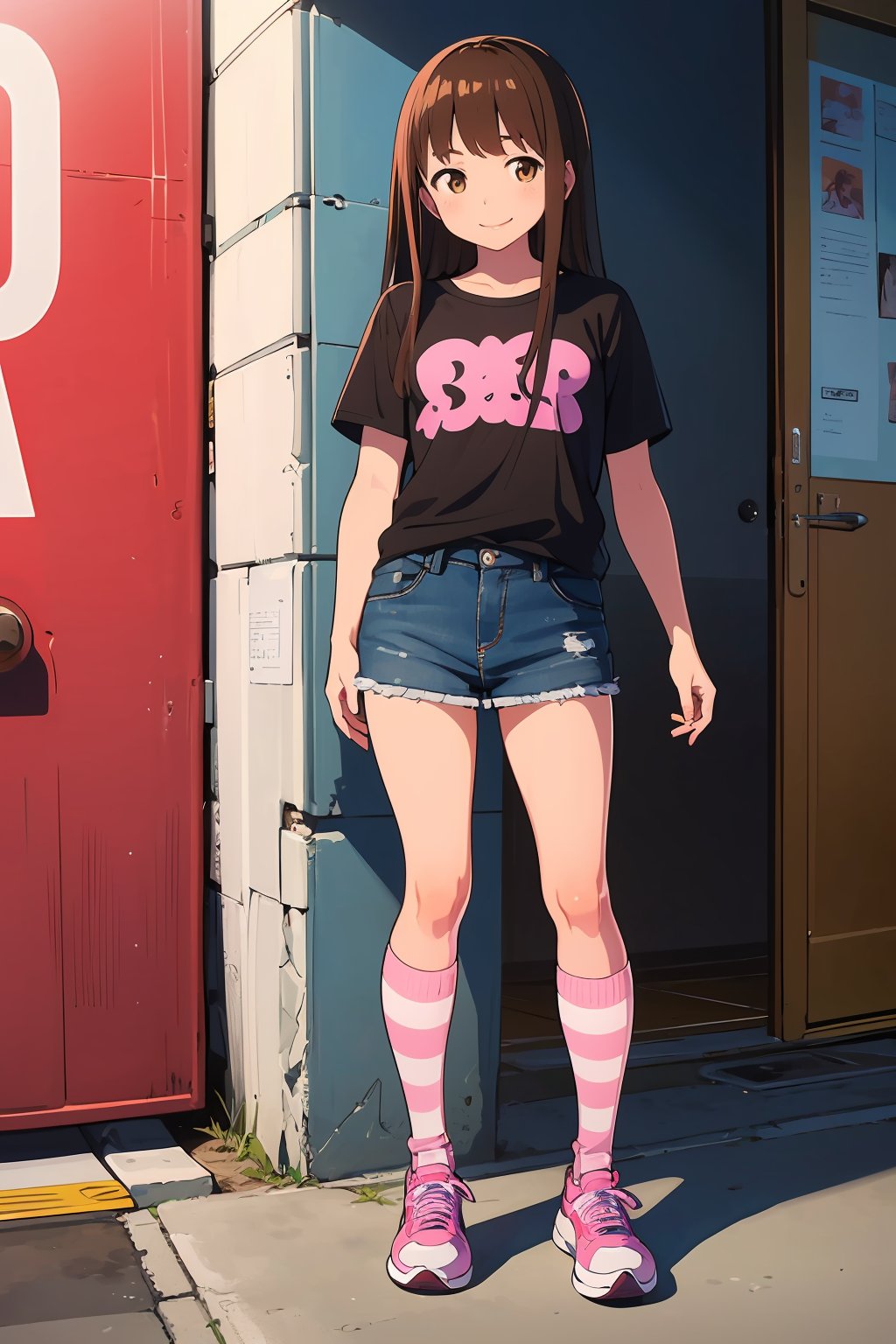 ((masterpiece, best quality, ultra-detailed, very fine 8KCG wallpapers)), 1 girl, solo, cute girl, evil smile, brown hair, long hair, brown eyes, black printed t-shirt, denim miniskirt, thigh high socks, white and pink striped socks, sneakers<lora:EMS-3262-EMS:1.000000>, <lora:EMS-308717-EMS:0.800000>